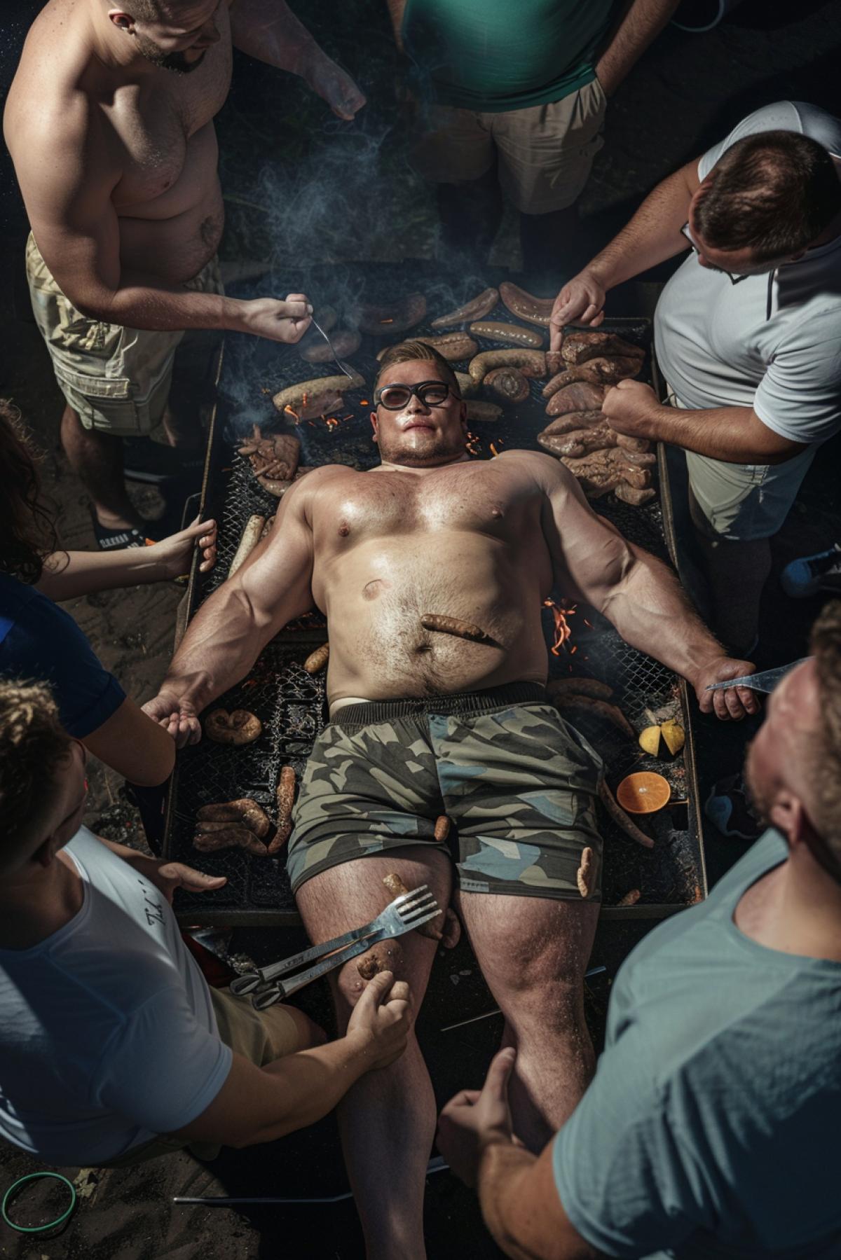 a young chubby russian bodybuilder muscle barbecued by a group of people, lying flat on the grill, wearing glasses and shorts, extremely muscular leg muscles, body into pieces, real photo type