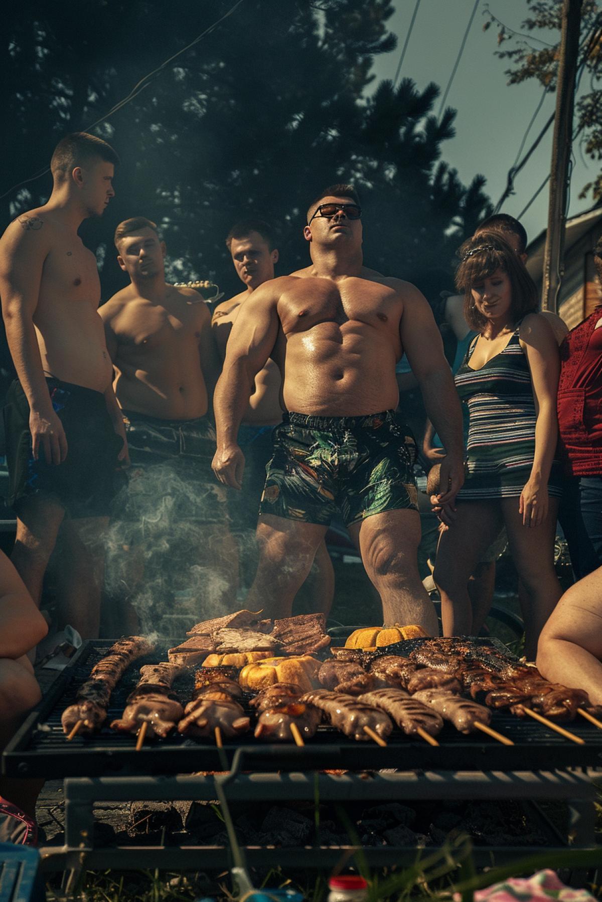 a young chubby russian bodybuilder muscle barbecued by a group of people, lying flat on the grill, wearing glasses and shorts, extremely muscular leg muscles, body into pieces, real photo type