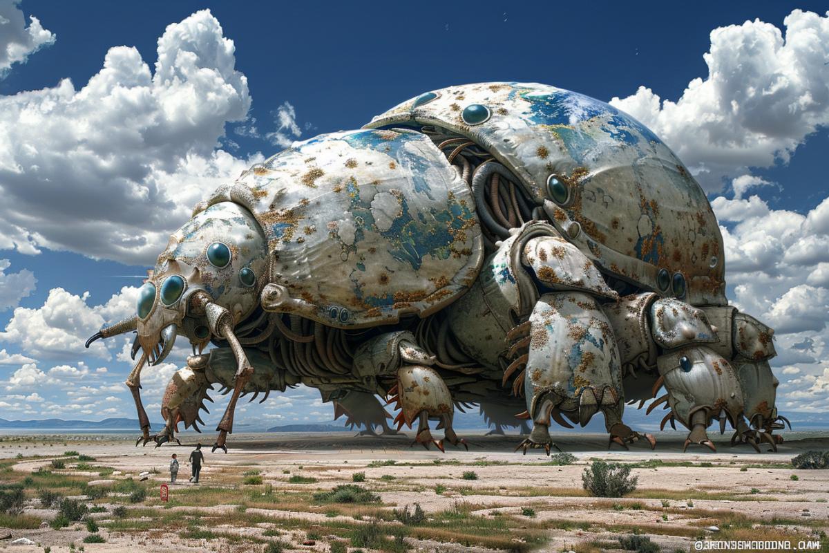 A giant scarab rolls planet Earth across the desert. Daylight.