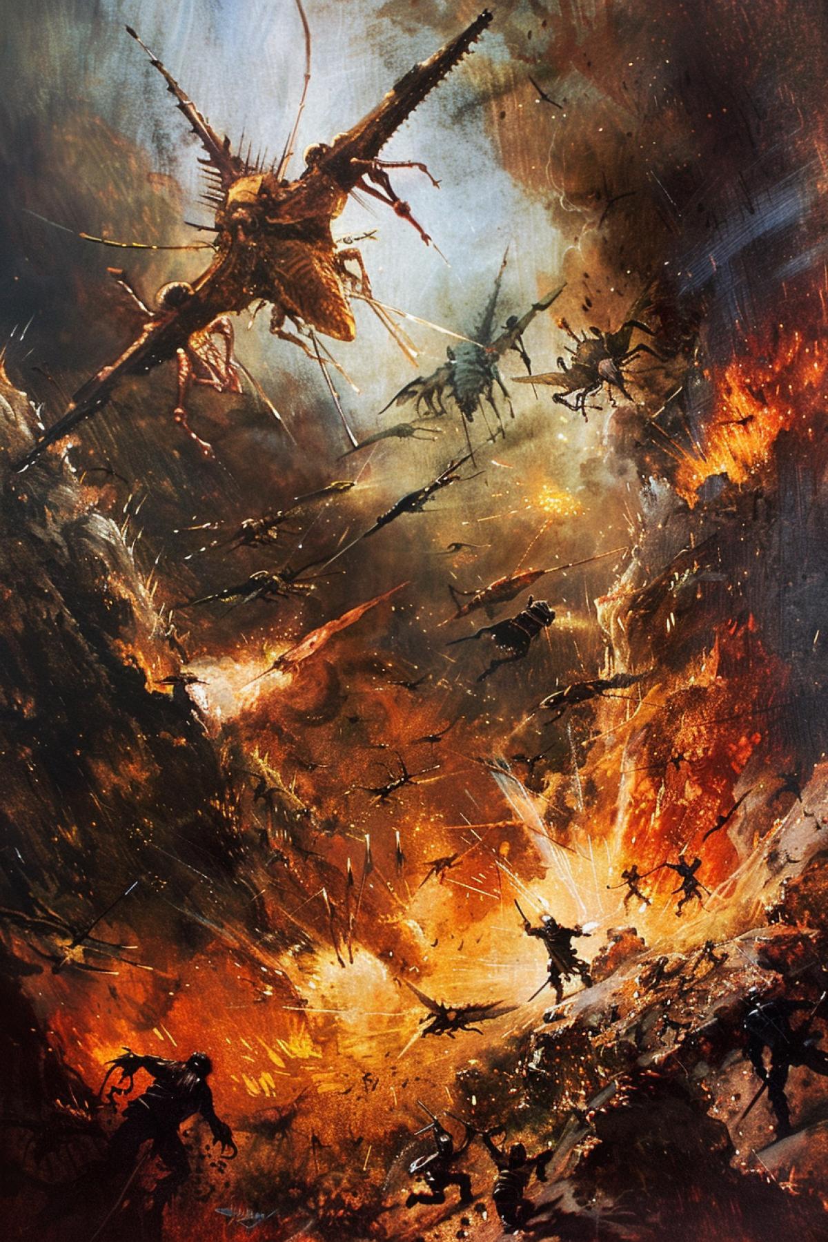 And from the smoke of the pit there came out locusts upon the earth. And power was given to them, as the scorpions of the earth have power giant frightening locusts attacking people Leonardo style art illustrating apocalypse chapter nine