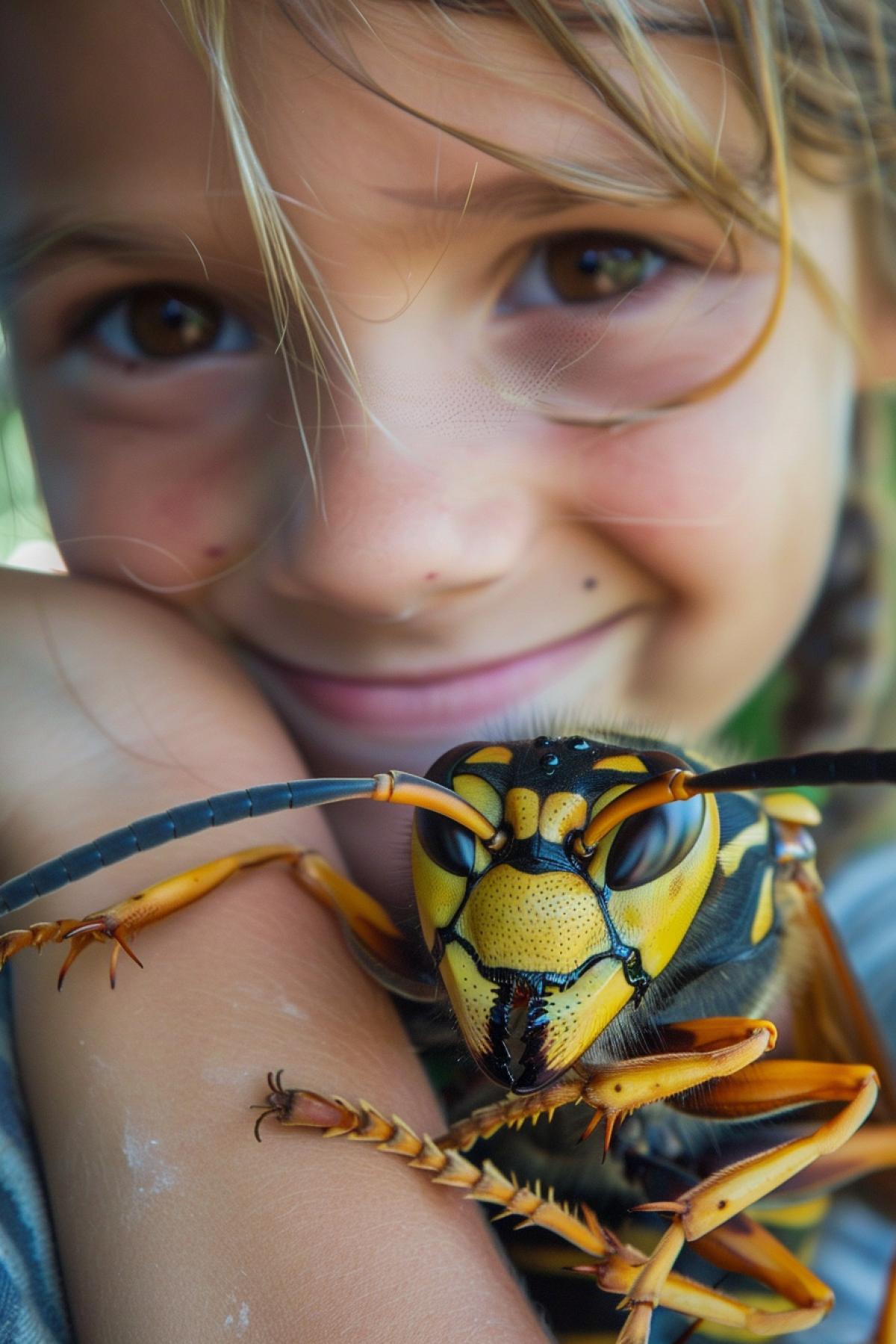 A cute girl having a giant wasp as a pet hugging it