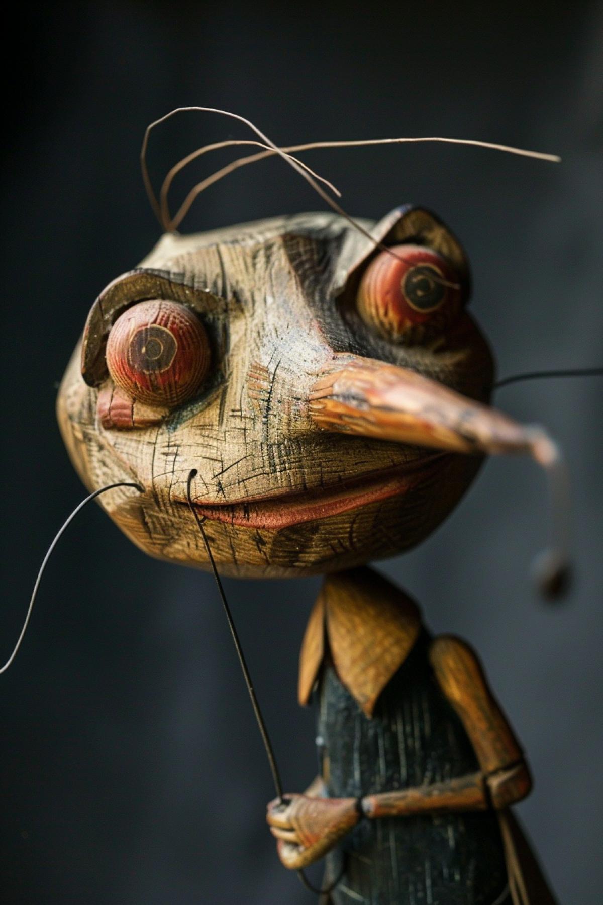 Smart cricket holding wooden puppet with long sharp nose