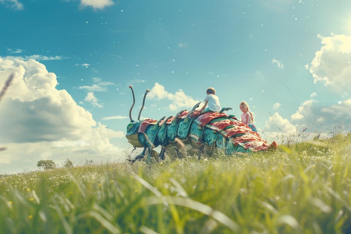 The kids have ridden a giant caterpillar and are riding it. Surrealism. Professional photography