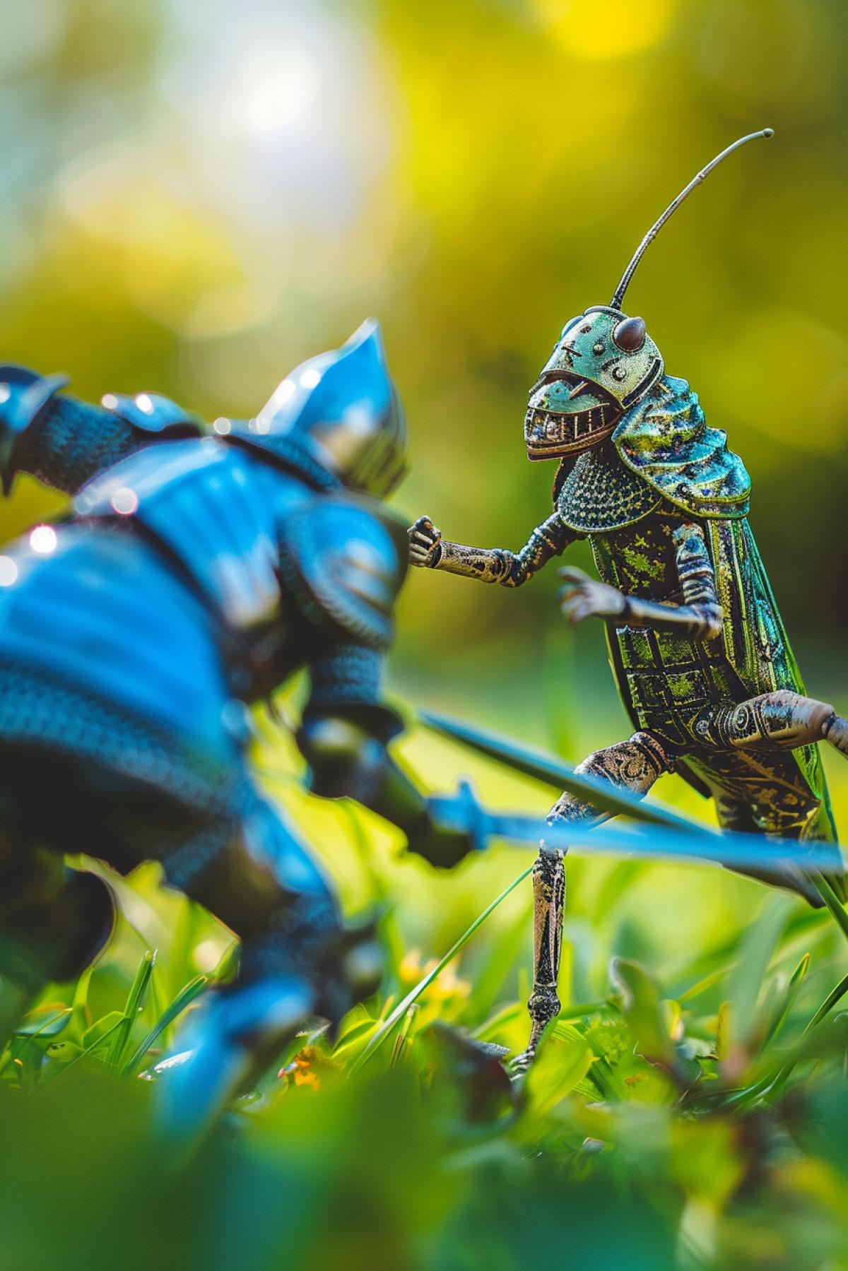 Combat fight of medieval knight against smart giant metal grasshopper vibrant bright colours epic 4ks