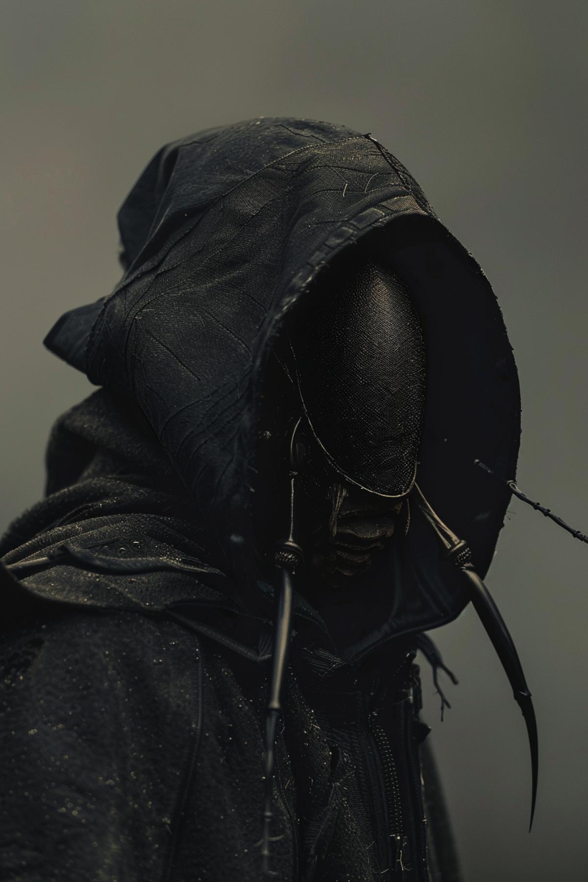 Humanoidal insect wearing dark hood overcoat dangerous