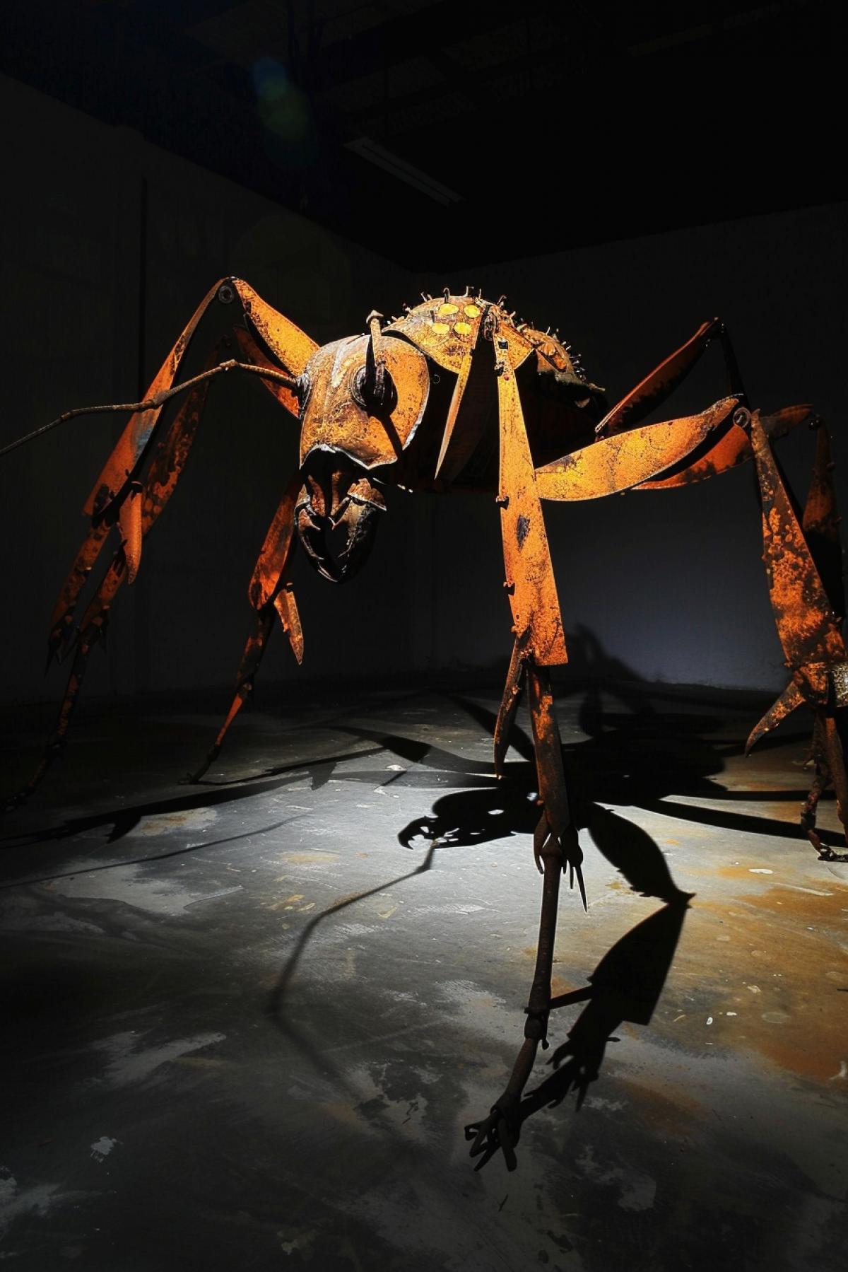 Shocking giant ant made of metal and wood withing room dark walls scenic light breathtaking view two colours only dark and orange