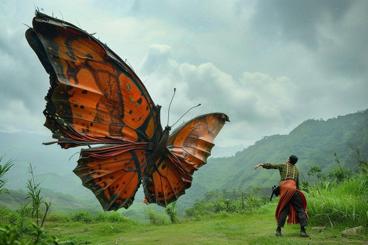 A giant butterfly flies and carries a man, photo