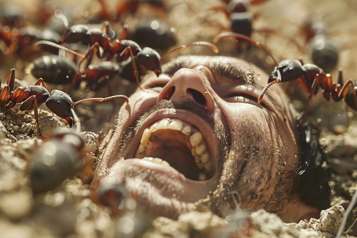 A giant ant drags a man into an anthill, photo
