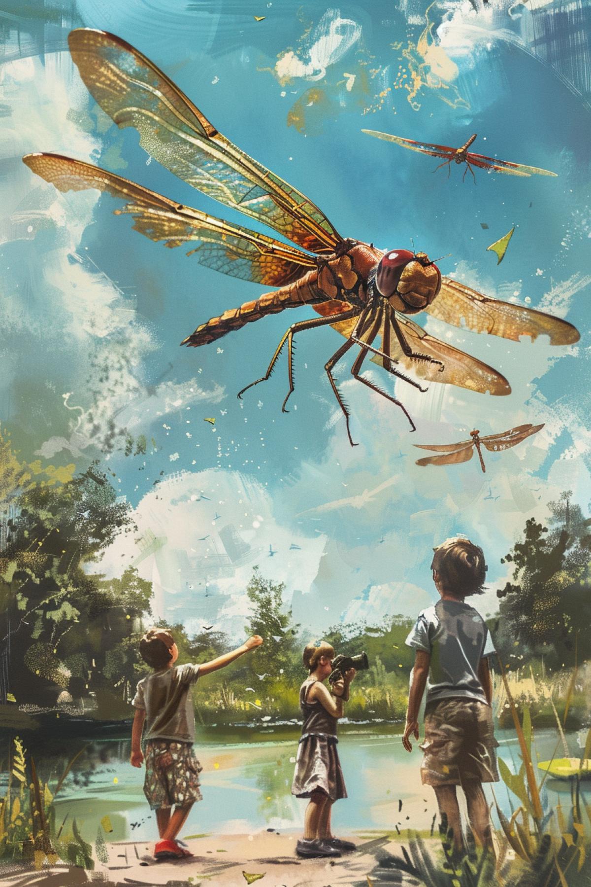 Giant dragonfly flies over children in the park