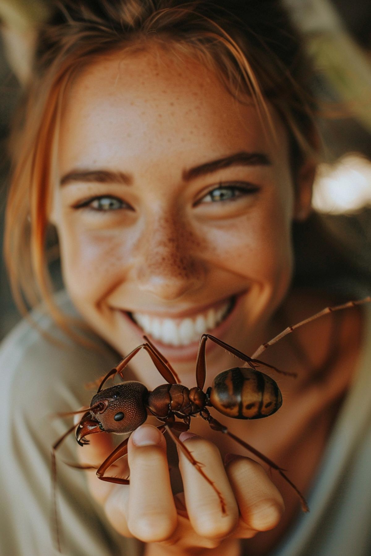 Photo of a smiling attractive 25 year old woman holding a large ant
