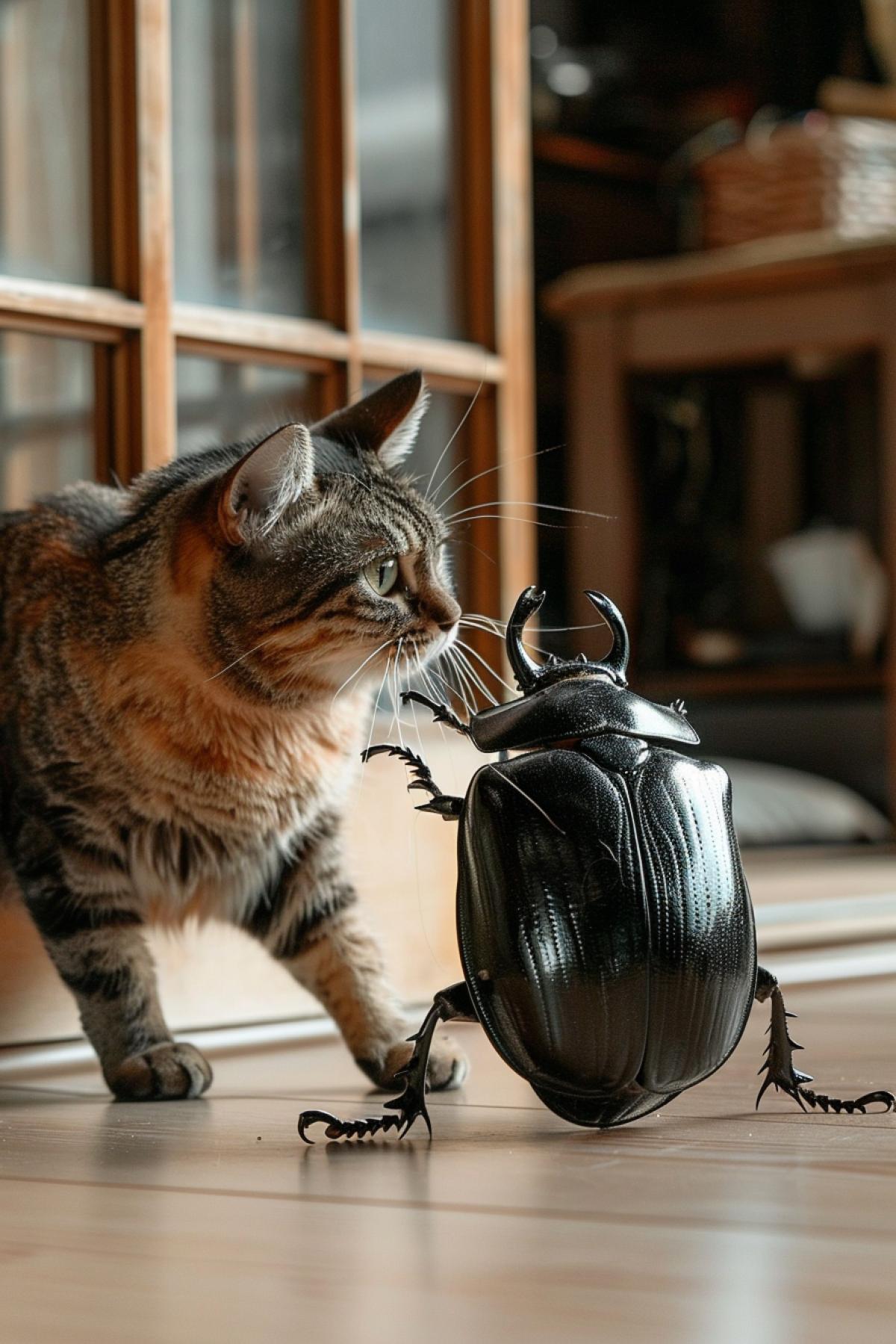 photo, cute cat plays with a huge big beetle, the beetle is bigger than the cat