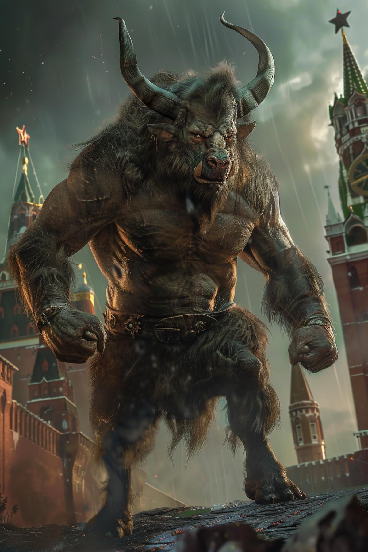 Minotaur in Russia, dramatic lighting, realistic, HD mod --no dark