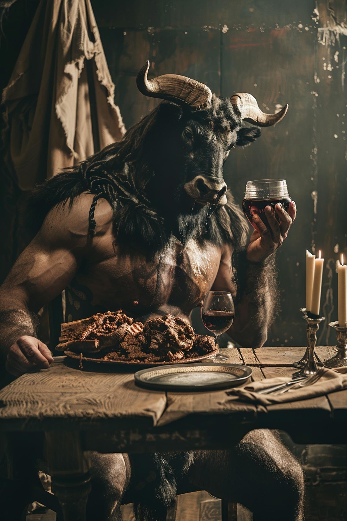 Minotaurs within his maze sitting at rough wooden table drinking wine eating fried meat