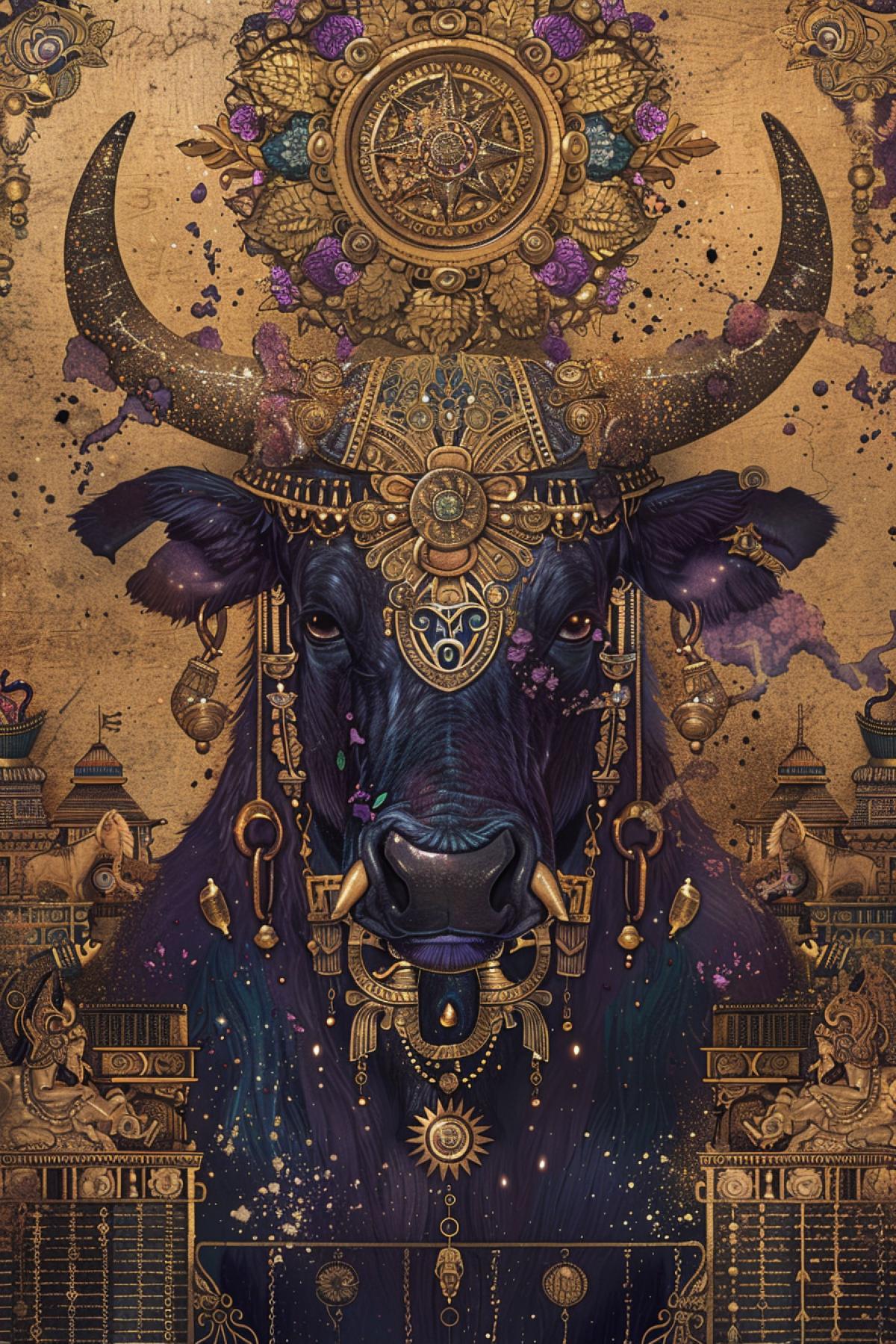 Dive into the ethereal beauty of Minotaur in a fresco that mirrors the divine elegance of ancient art. Utilize a celestial palette of golds and deep purples, showcasing gods and goddesses adorned with intricate jewelry against a backdrop of beautiful temples and mystical symbols.