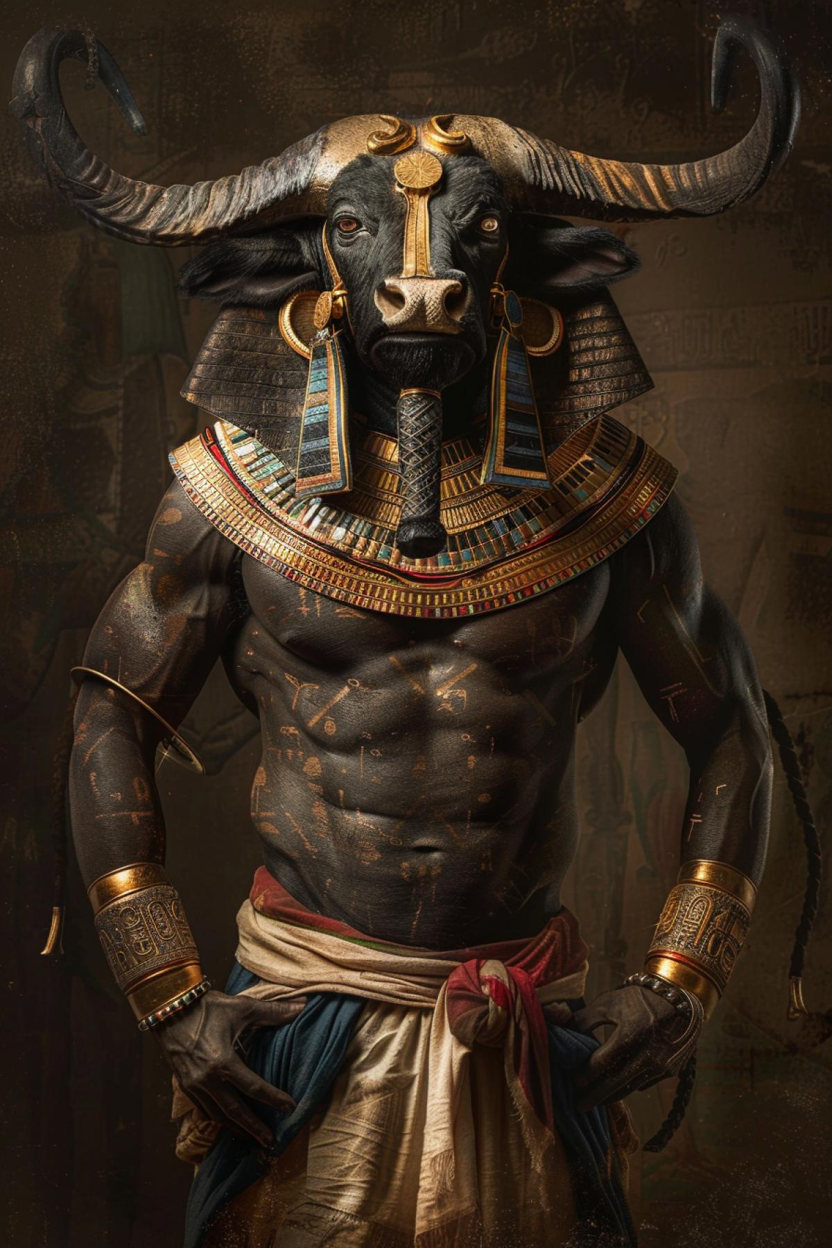 a portrait of a Minotaur wearing Egyptian-style ornaments, smooth hair, facial symmetry, facing forward, ancient Egyptian fashion