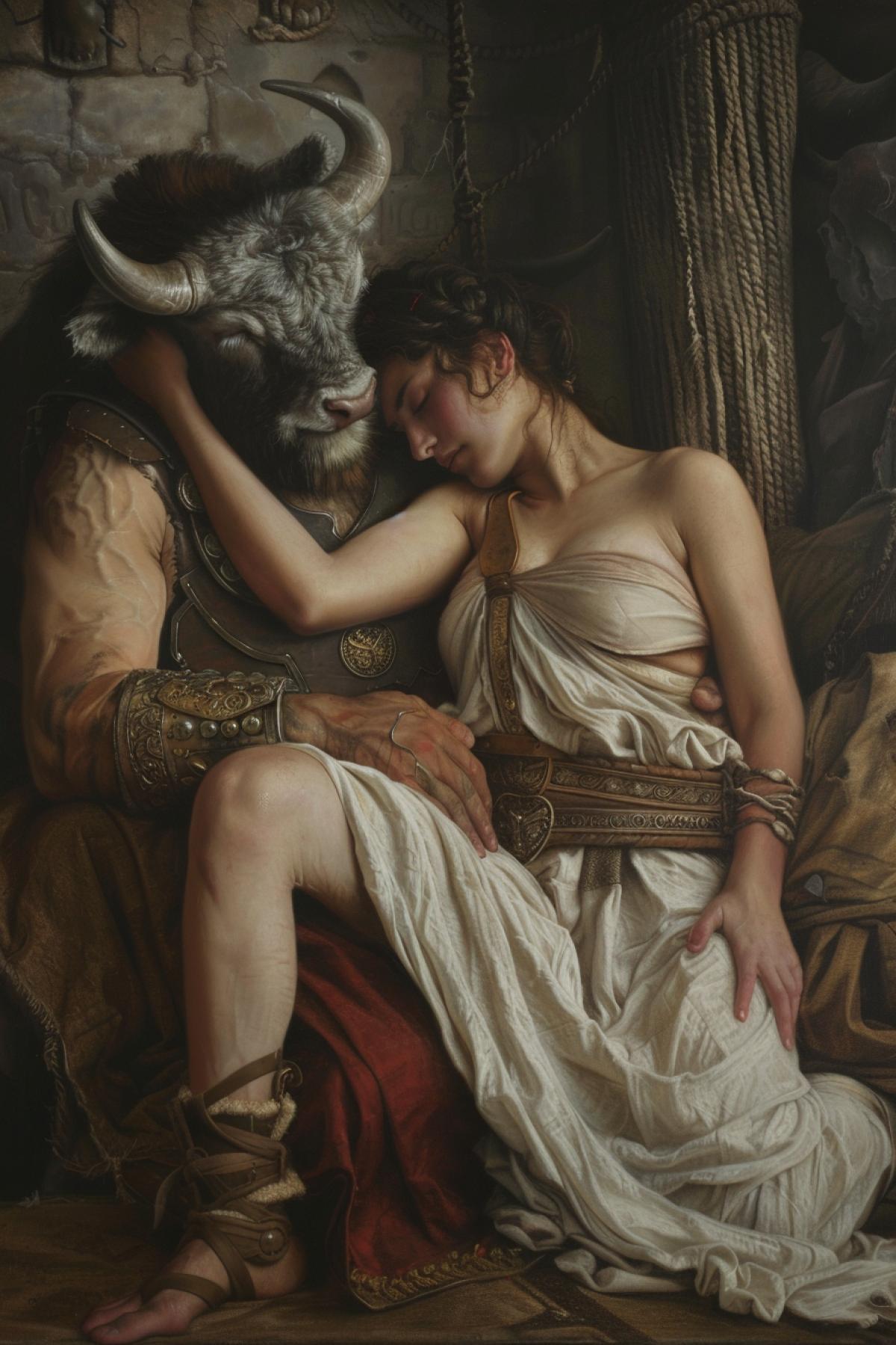 Minotaurs having human body and bulls head sleeping in his rough bedroom with the most beautiful Greek 23-year-old girl hugging her