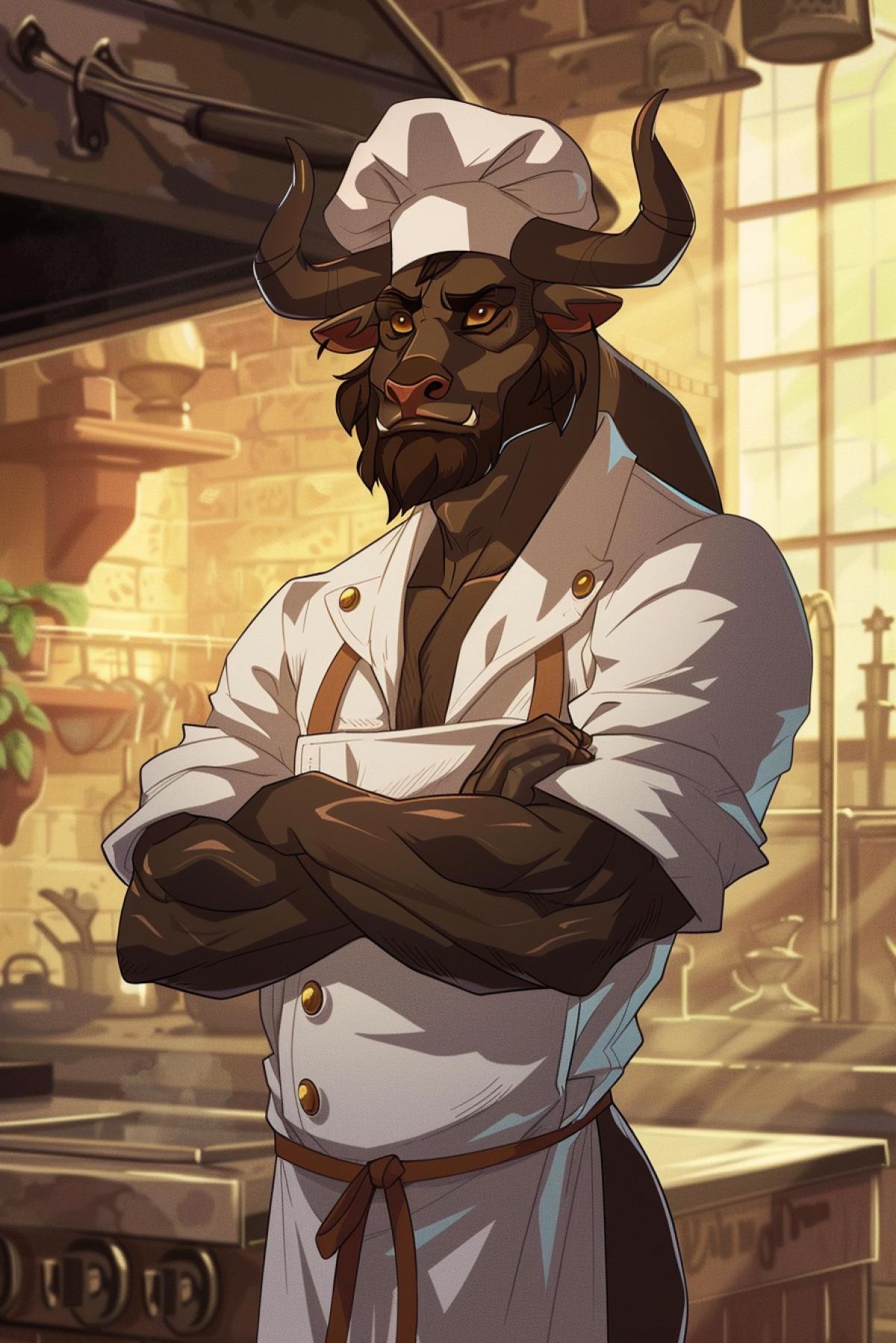 a dark brown minotaur with brown eyes dressed as a chef, tall, imposing, strong, animated style, anime style, drawn, very detailed