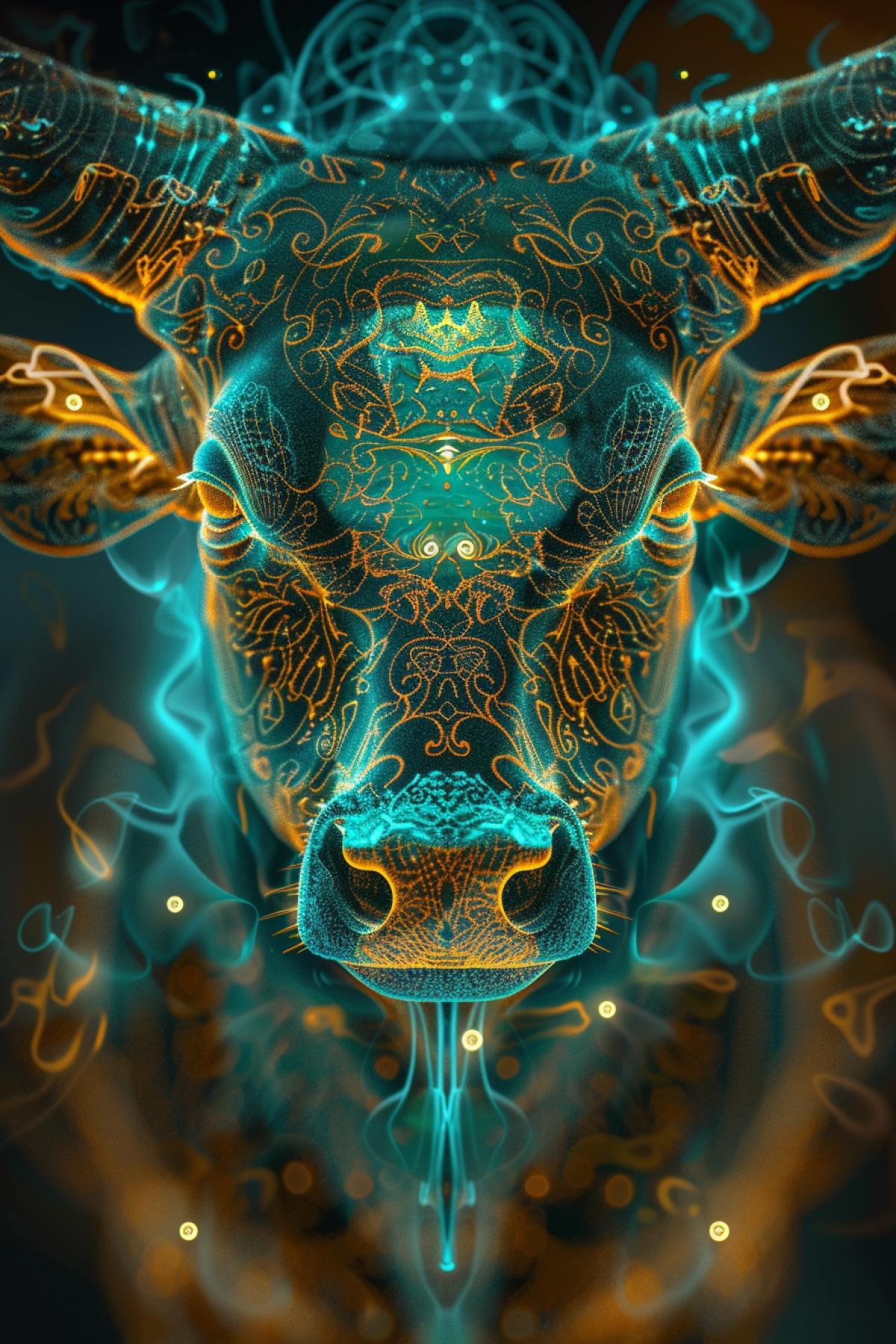 Portrait of Minotaur, top down, bokeh render, luminescent turquoise and amber, intricate elaborate exquisite details, long-exposure in the style of André Kertész