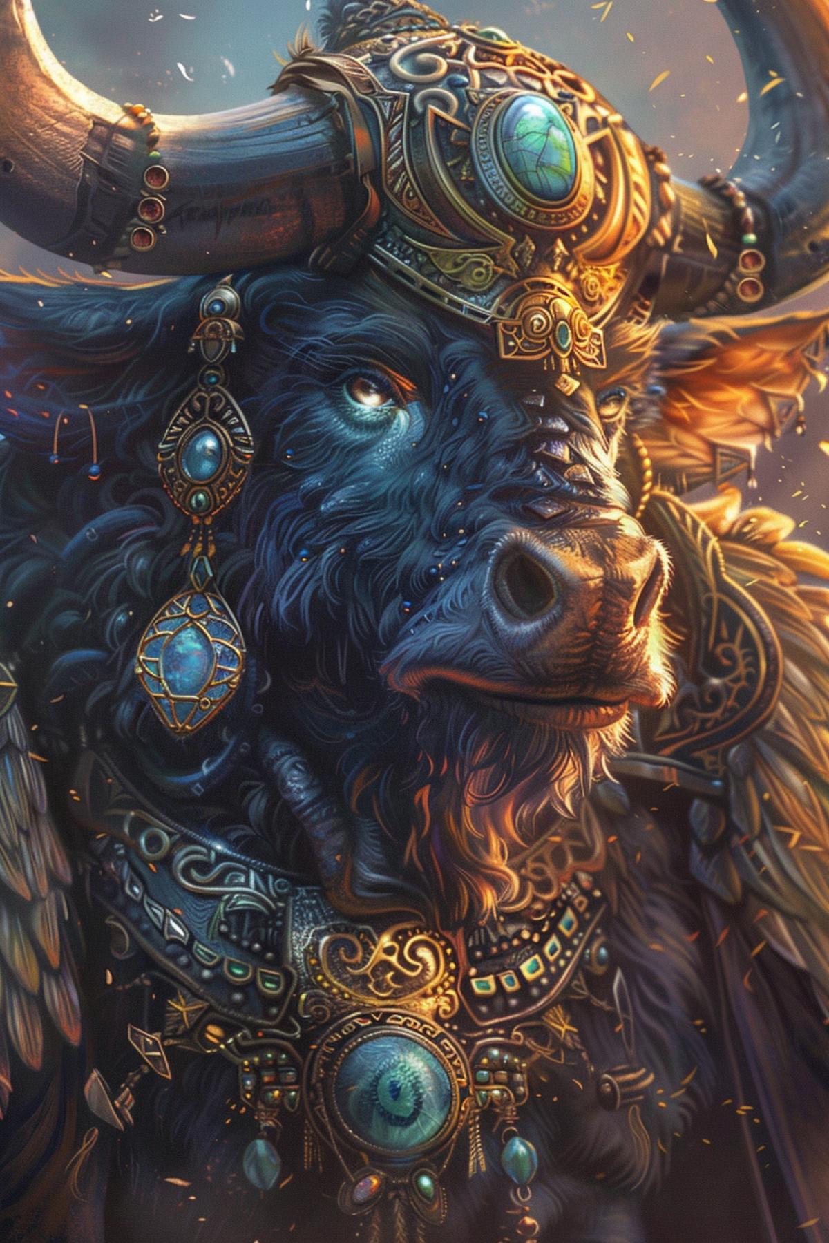 Close up portrait, Happy Smiling Minotaur with hypdetailed armor with ornate hyperdetailed helm with wings, large vibrant eyes, gems and jewels, opal and labradorite, glistening, raking sunlight, cinematic lighting, photorealism, pulp manga illustration, in the style of roberto ferri