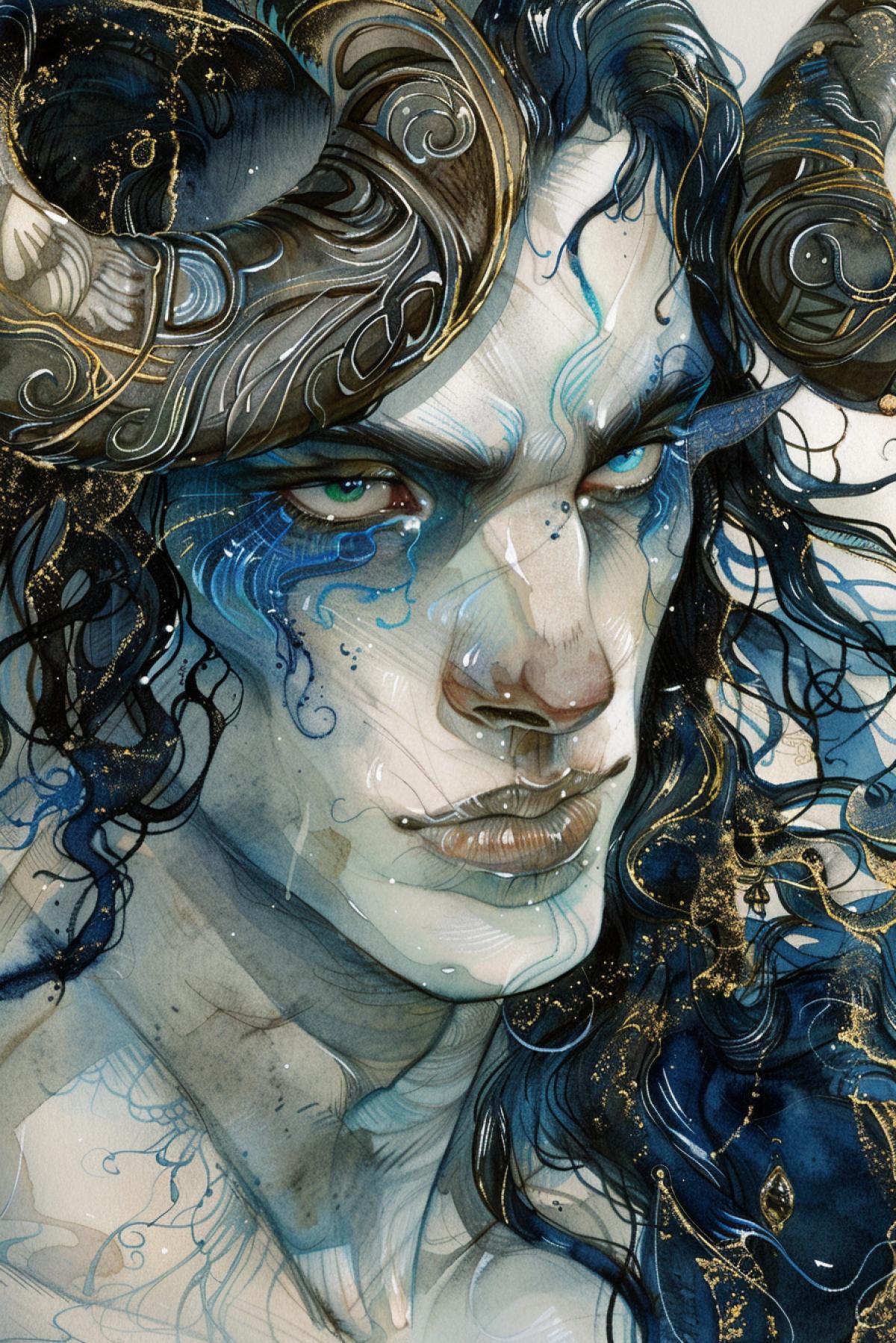 a dream-Minotaur warrior character, dark hair with azurite blue colored eyes, stylized illustration, art-nouveau, white gold blue dark, watercolor, hyper detail