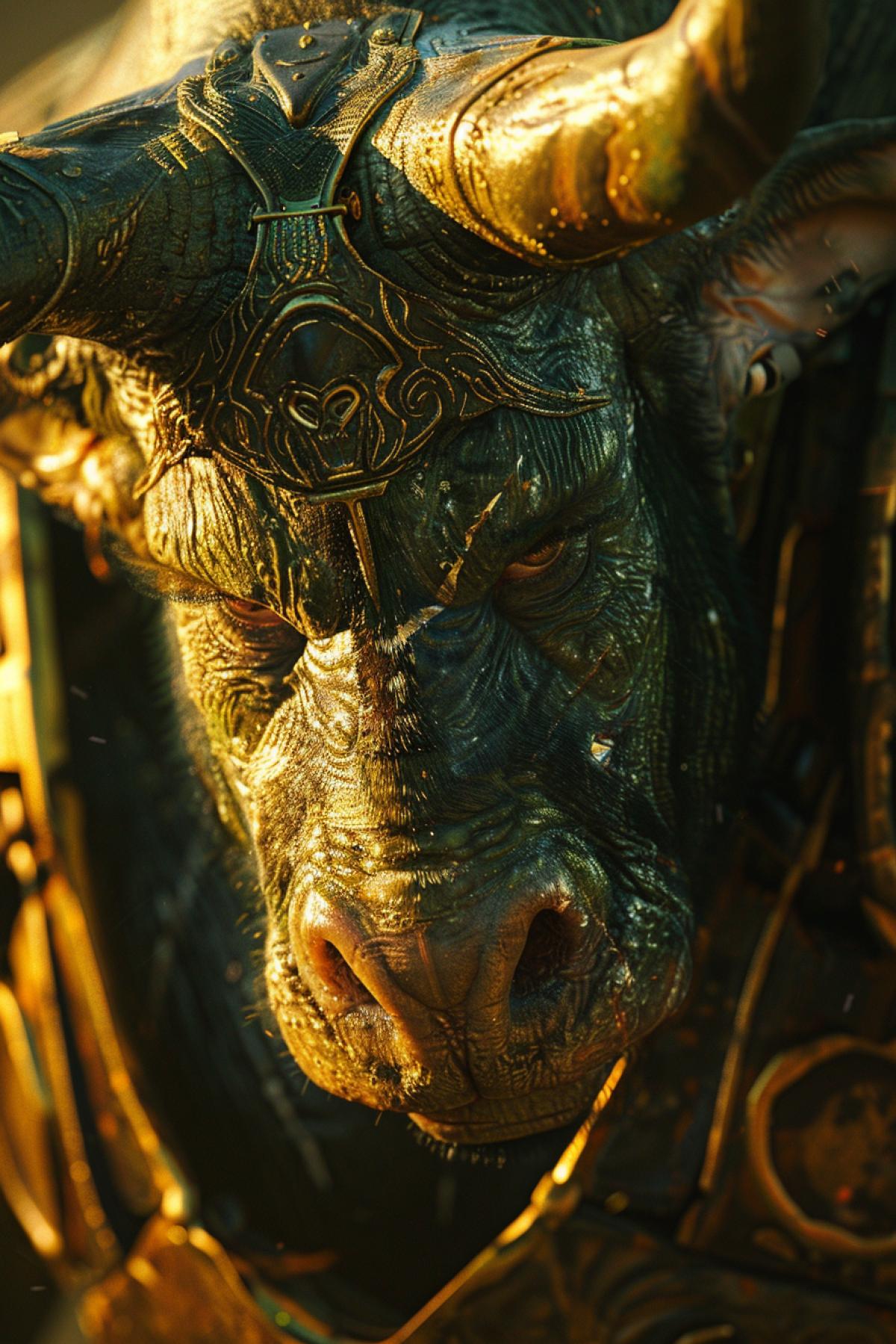 close-up portrait of Minotaur, back light, verdant, colorful architecture, ornated armor, sand, sunset, donato giancola, anders zorn, Giovanni Battista Tiepolo, joel sartore, cinematic lighting, raking sunshine, long shadows, wet, hyperrealism, high contrast