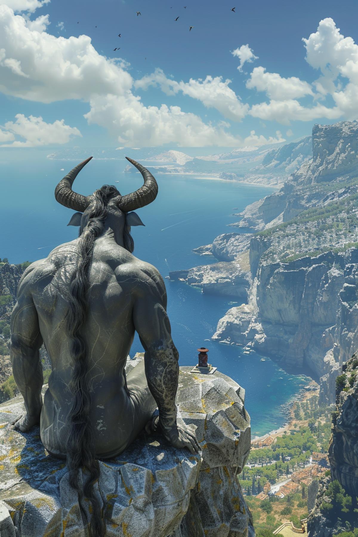a ultra realistic photo of an Minotaur looking into horizon with arms wide open as the ruler of all Ancient Greece. 8K. Wide panoramic looking down on his dominion.