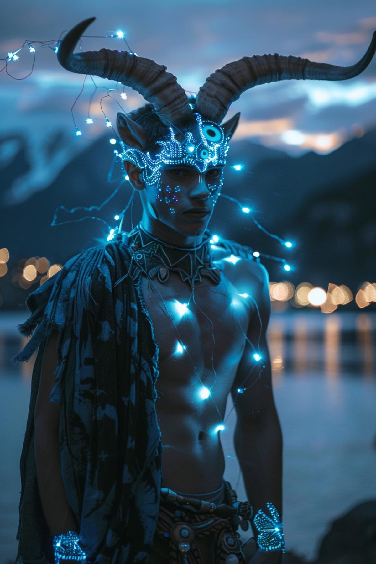 Handsome young Minotaur, full body, Greece night, airplane carpet, standing on top of a beach, fantasy art, perfectly lit face, intricate led jewellery, artificial intelligence princess, glowing light, light makeup, a still of an ethereal, glitter accents on figure, detailed glowing head