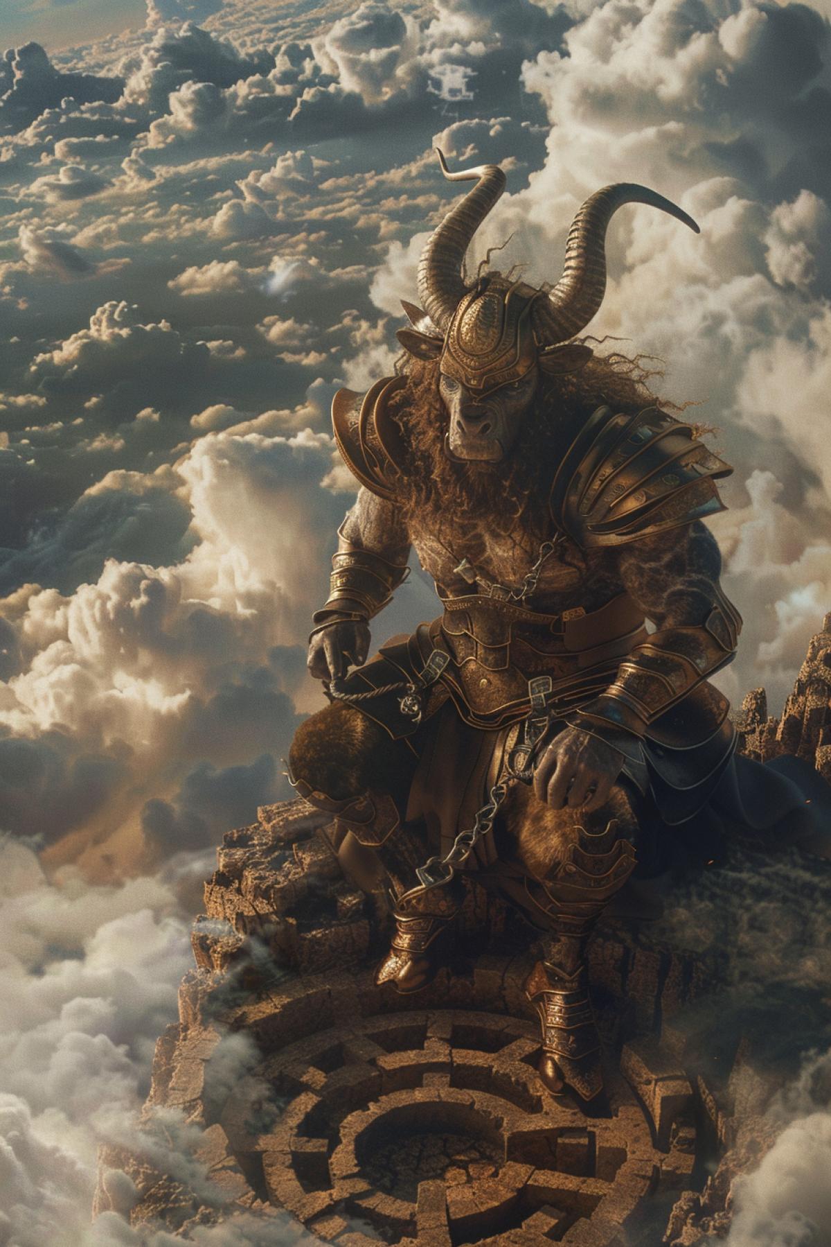 high quality photo, good lighting, Minotaur, epic 4k, epic photo, cinematic effect, on top of Olympus, clouds, with a labyrinth in the background --no dark, Greek style.
