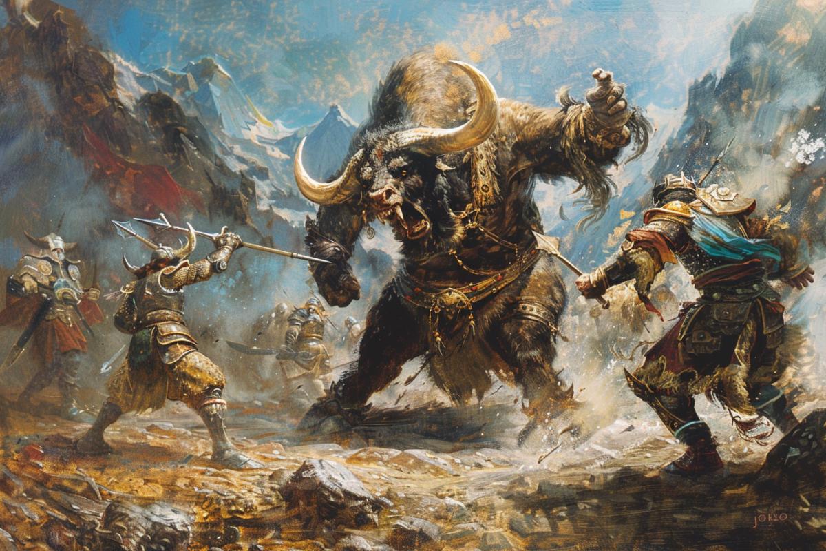 Minotaur fights with knights