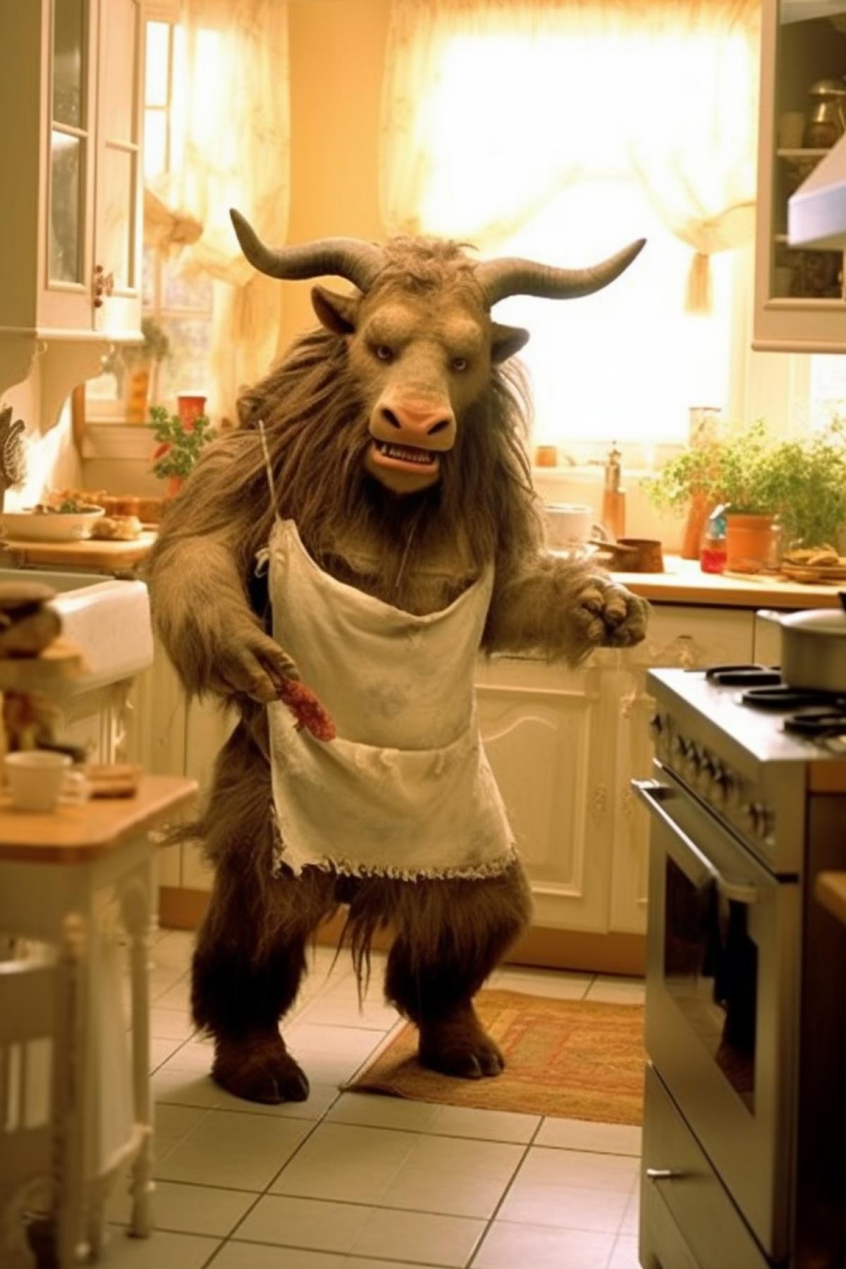 Minotaur cook cooking in a Provence style kitchen