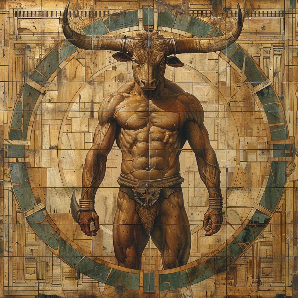 A unique and creative interpretation of the Minotaur, a legendary creature from Greek mythology with the body of a human and the head of a bull. The Minotaur is depicted in a style reminiscent of Leonardo da Vincis Vitruvian Man, standing within a geometric circle and square. The creature has a strong, muscular human upper body, and a powerful bulls head with curved horns. The background is a blend of Greek ruins and Renaissance architectural elements, reflecting both the mythological and artistic inspirations of the piece.