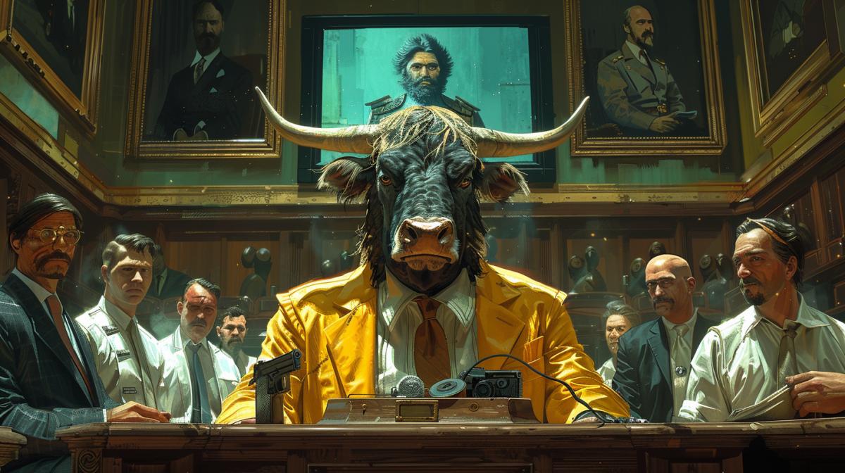 A thrilling courtroom scene from Greek mythology, where a TV screen shows footage of the mysterious Minotaur. This legendary creature with a human body and bulls head is surrounded by serious lawyers and journalists. His torso is covered in tattoos and a holster with a pistol hangs from his belt. The former president is also staring intently at the screen. The atmosphere is tense and intriguing, because the truth behind the installment can unravel the complex web of hidden secrets of the Minotaur society.