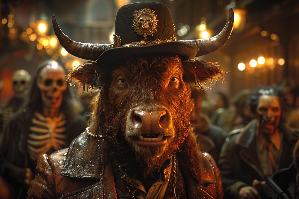 An absolutely surreal and chaotic scene set in a dimly lit bar, featuring a distressed Minotaur, a legendary creature featuring a human torso and a majestic bulls head. wearing a cop hat and crying. The minotaurs eyes are filled with terror, as it squeals while surrounded by a group of skeleton-like patrons dressed in the latest fashion trends. The demonic creature of the year looms in the background, possessing souls and displaying an eerie glow. The s of the year are adorned with ethereal, otherworldly decorations. Amidst the apocalyptic atmosphere, the presence of lightbulbs adds an unexpected touch of normalcy and a dreamy ambiance, as if to emphasize the surreal nature of the scene, illustration.