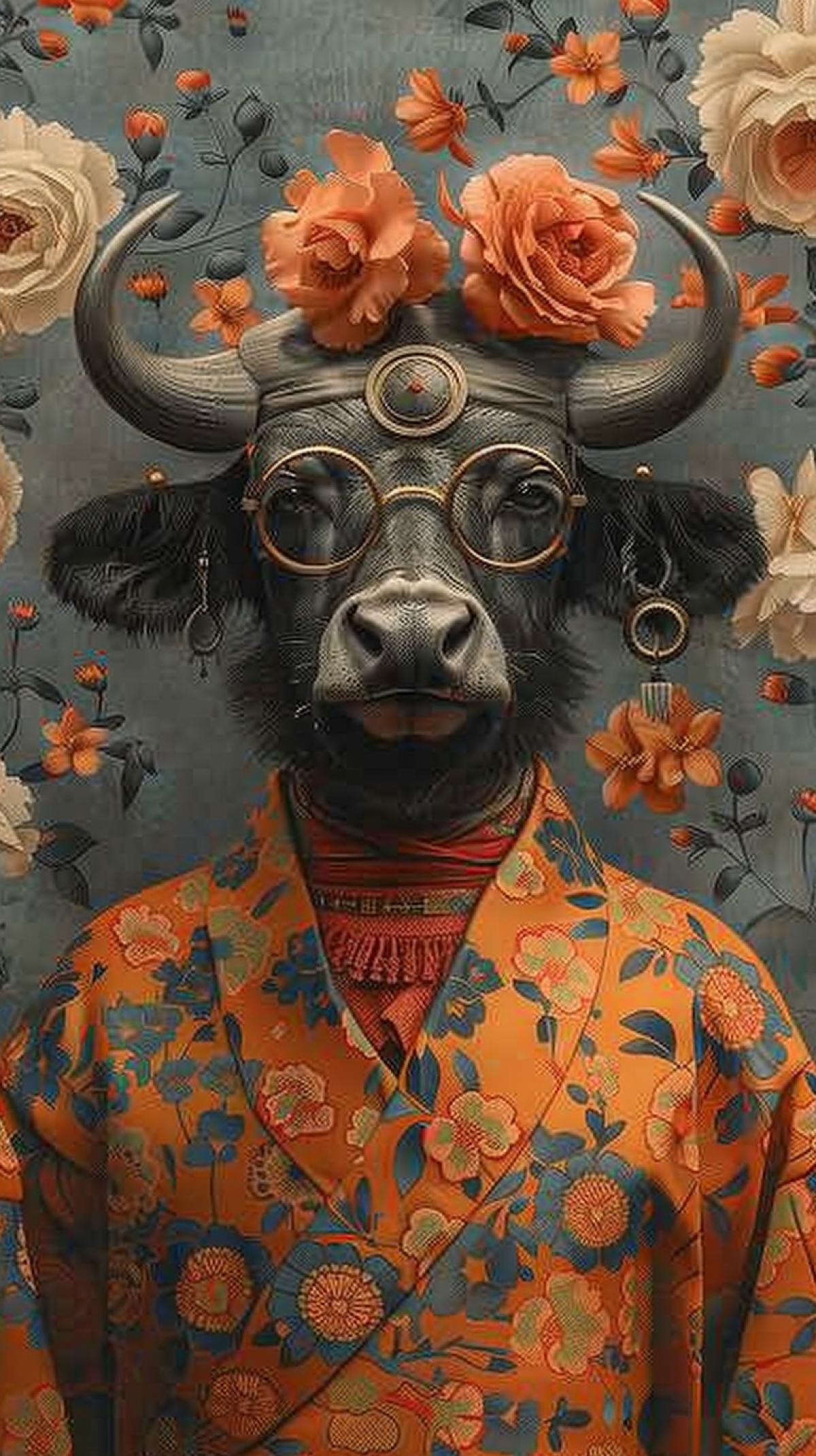 Tim Walkers striking surrealist portrait of a Minotaur dressed in traditional kuffa patterned clothing, surrounded by a sea of bright gardenia flowers. The background depicts a whimsical enchanted garden reminiscent of the world of the movie Where the Wild Things Are. The portrait is done in the style of ukiyo-e art, with bold lines and bright colors. The overall com4k is a mixture of conceptual art, photo manipulation and illustration, creating an exciting and unforgettable visual experience. Illustration, photo, vivid, portrait photography, ukiyo-e, conceptual art