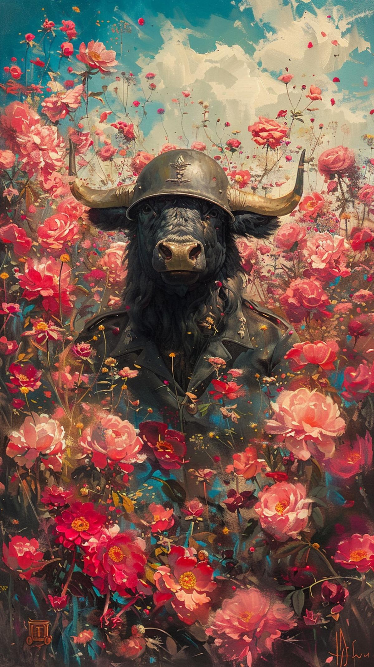 Surrealistic dark fantasy style oil painting depicting a World War II soldier lying amidst a lush bed of vibrant pink and red flowers. The soldier is the Minotaur from Greek myths, a man with the head of a bull. The soldier, dressed in full military uniform, casts a long, sullen shadow from his helmet, adding an intense and dramatic touch to the mystical atmosphere. The contrast of the pastel shades of the colors and the dark tones of the soldiers clothing creates a striking visual effect. The background depicts a mysterious, ethereal landscape flooded with bright daylight, with a vivid blue sky, drawing inspiration from the artistic styles of Mark Demstider, Frank Frazetta and H-J L. The overall mood of the image is atmospheric and vintage retro, with a hint of faux historical theme, making it a truly captivating and enchanting painting that combines elements of dark fantasy and bright colors.