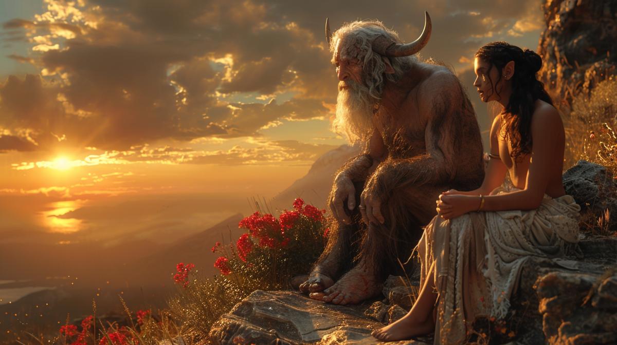 A poignant scene in which an old man and a young man sit side by side on a rocky ledge, admiring a breathtaking sunset. The old man is a minotaur, a man with a bulls head, white beard and wise eyes gently holds the hand of the young minotaur, who gazes in awe at the bright hues of the setting sun. In the background is a serene landscape, the sun sinking below the horizon, casting a warm golden glow on the stage. The atmosphere is filled with a sense of togetherness, wisdom and inspiration to cherish the simple moments of life.