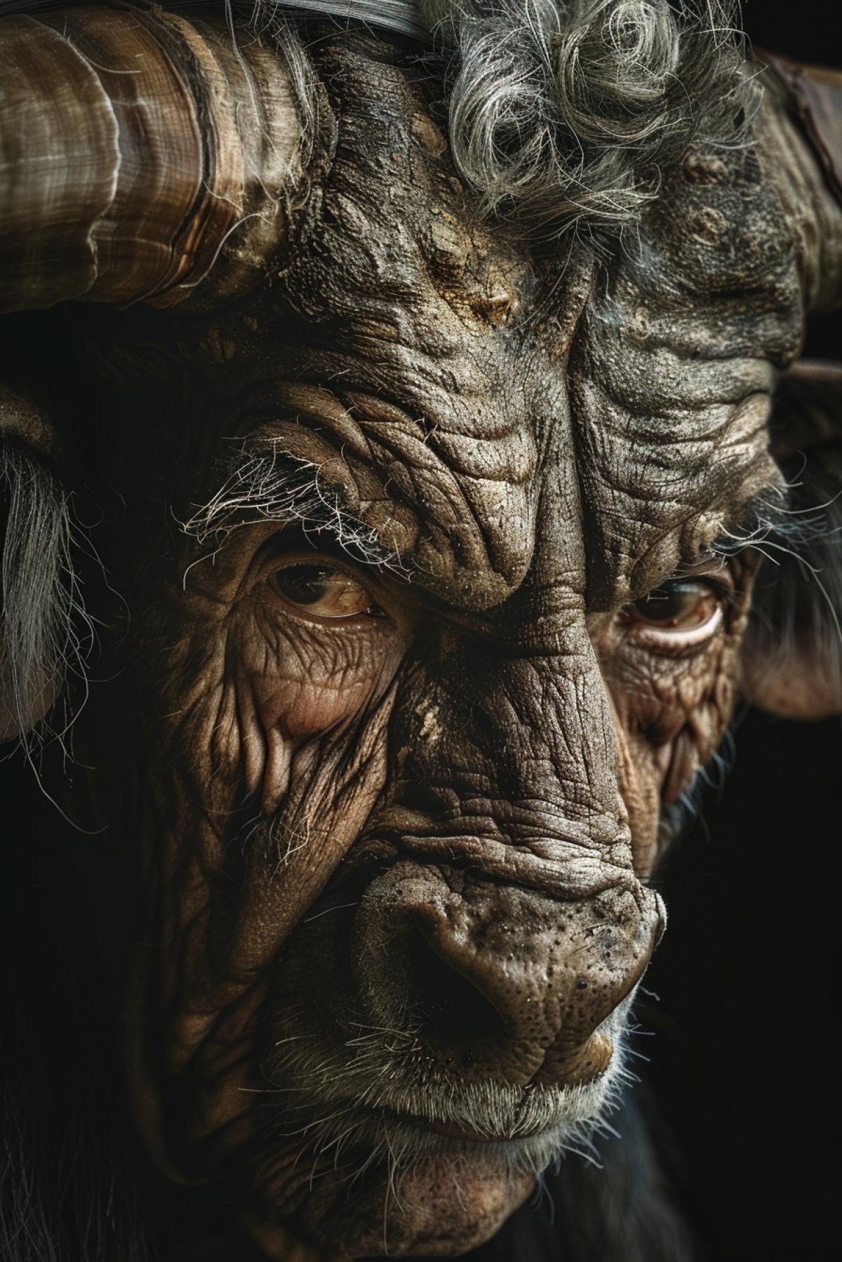 Detailed portrait of old Minotaurs bull face human shoulders muscles bull horns hopeless sight of smart eyes wrinkles grey hair