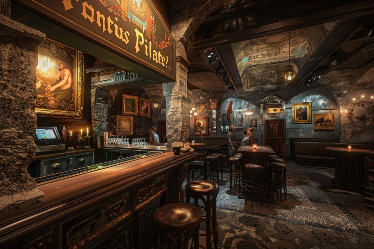Detailed interior of an ancient Roman bar. A large handwritten \"Pontius Pilate\" sign hangs above the bar. The interior is filled with dimly lit wooden tables, leather chairs and rustic stone walls decorated with old, weathered paintings. The bar itself is made of dark wood and has an intricate ornate design. In the background, you can see a mosaic floor and a few chatting customers. A sign hangs above the entrance, casting a warm golden light into the bar. The overall atmosphere is atmospheric, immersing you in the era of Ancient Rome. Typography, 3d rendering, photos.
