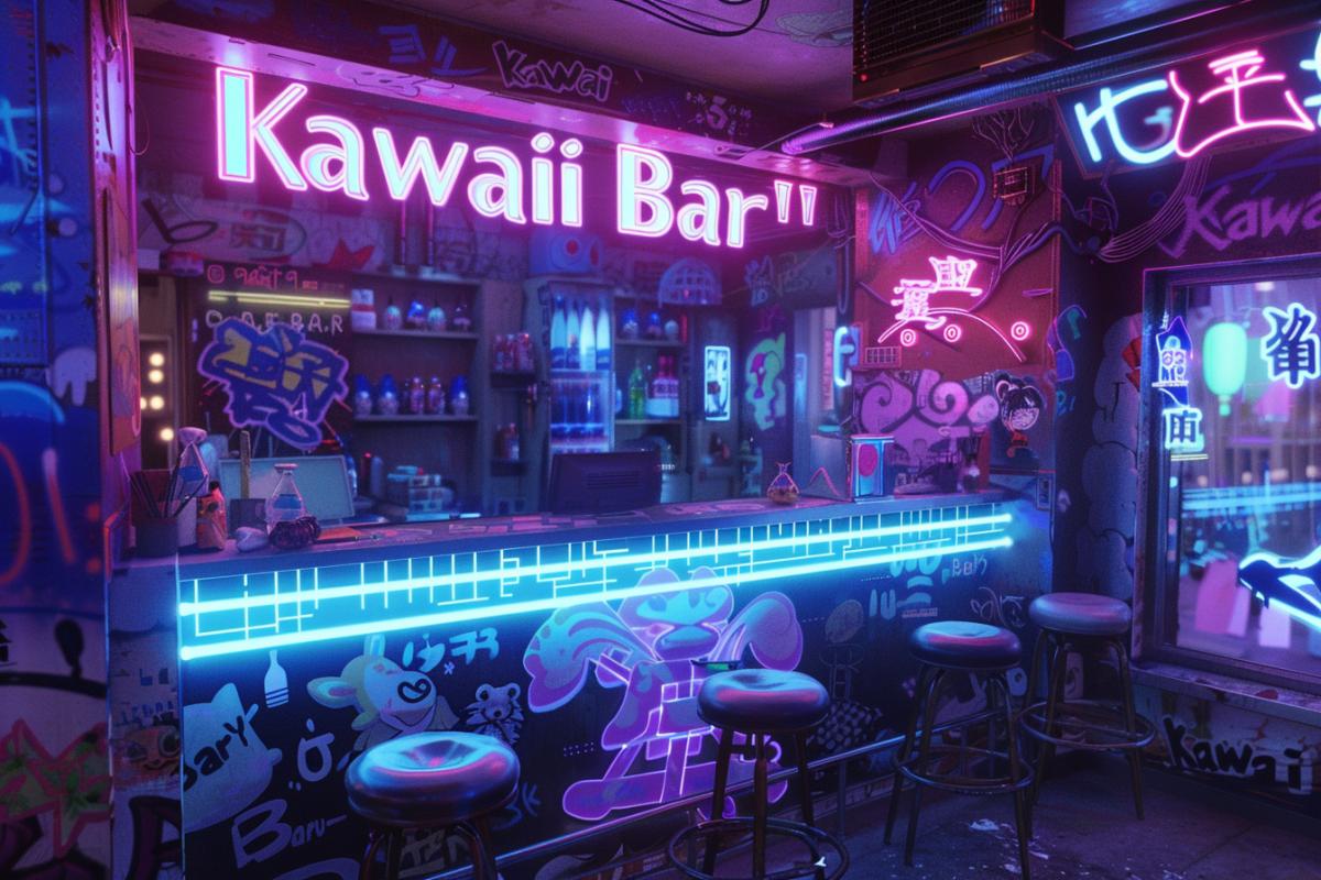 A dazzling and futuristic 3D interior scene of a kawaii-themed cyberpunk bar where neon lights illuminate every corner. The design is a mix of modern technology and playful design elements. The walls are covered in graffiti and digital art, and outside the window you can see the cityscape, which is alive with bright, pulsating neon lights. The atmosphere is filled with energy and excitement, making it the perfect mix of cute and edgy. Inside the bar, the signage reads \"Kawaii Bar\". 3d rendering, photography, typography