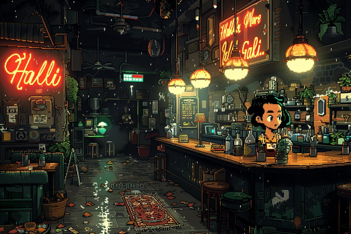 A fascinating pixel-art screenshot from the 1999 64-bit first-person shooter. The player character is exploring a dimly lit bar, with a bottle of whiskey in his hand. The bar is filled with unique, detailed objects and enemies, creating an immersive environment. On the wall of the bar is the inscription \"Hali Gali.\" The overall design of the game is crisp, bright and rich in detail, and the players perspective is isometric, top view, side-scrolling or first-person.