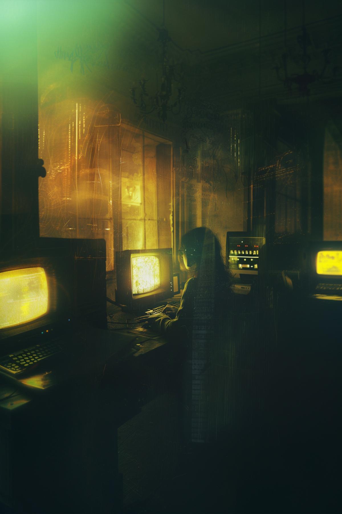 Computer club in Gothic style, circus, , ncon, photography, flickering, light