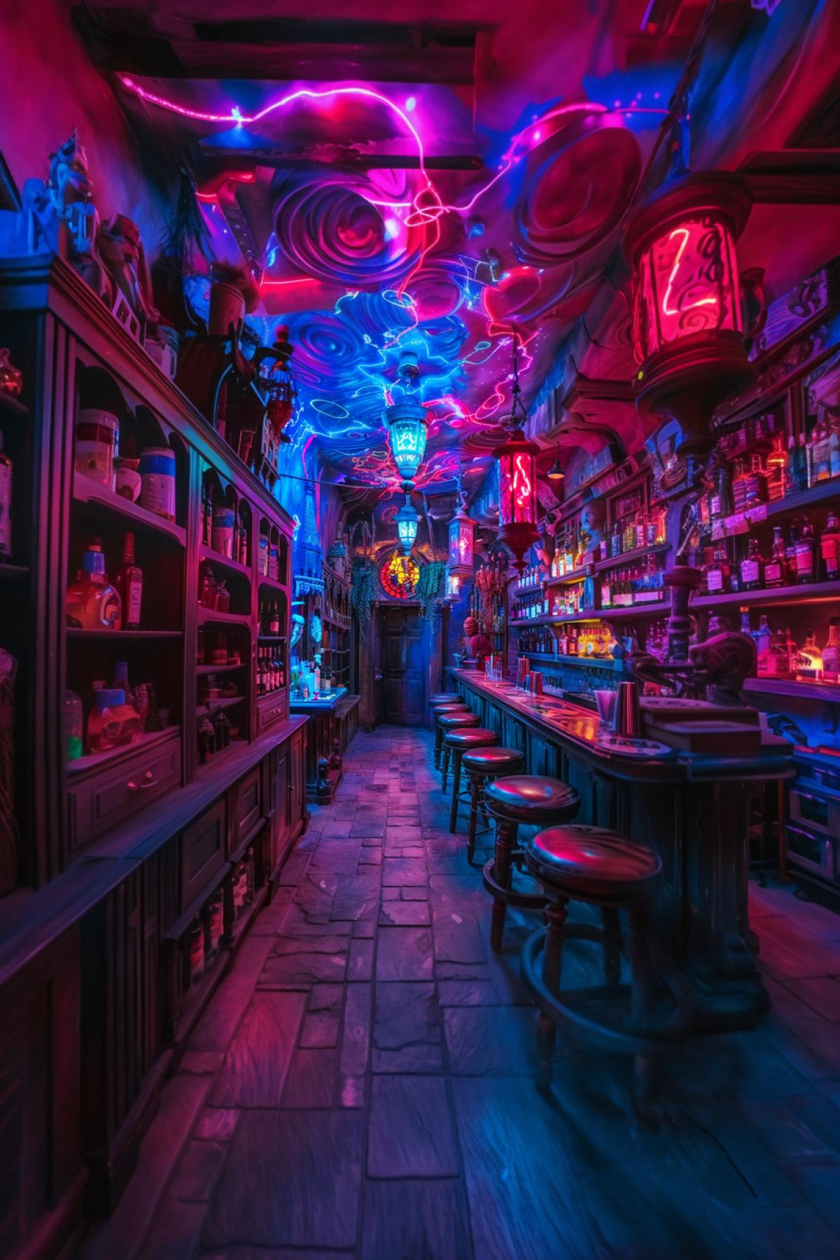 Bar in the style of Harry Potter, fairy tale, magic, tricks, neon, riddle