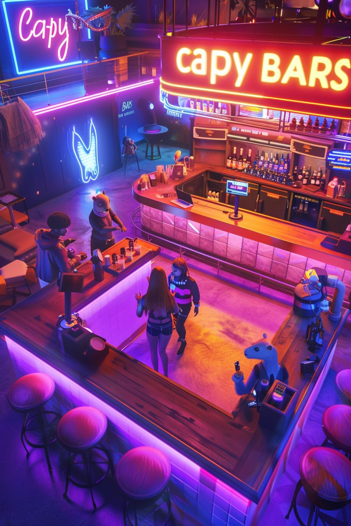 Photo of a realistic wide-angle image of a modern nightclub with neon lights, an atmospheric, spacious dance floor, well lit on the wall with the words \"capyBARs\", the bartender and waitresses are capybaras, the patrons are human.