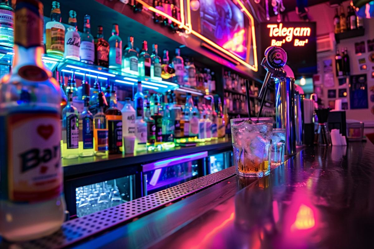 A bar with a lot of alcoholic drinks with neon lighting called \"Telegram Bar\"