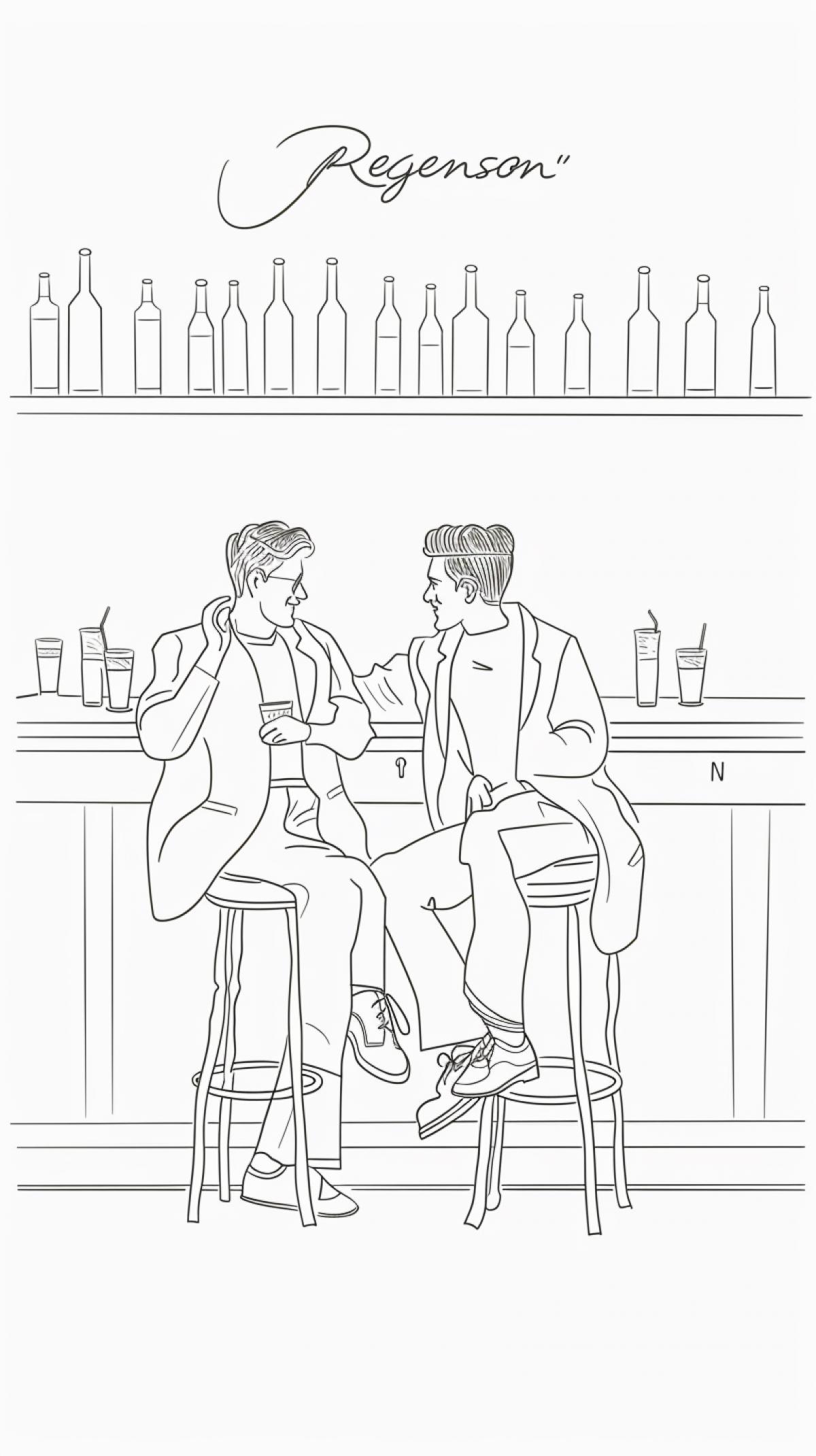 A drawing of 2 people male sitting in front of a bar and having fun, text \"Regenson\" in the bar Wall, in one-line drawing, figure outline only, single line, simple, in the style of one-line, single line drawing, dark line on white background, colorful, no background, clean lines, minimalistic, simple, Picasso one line drawing war and peace style