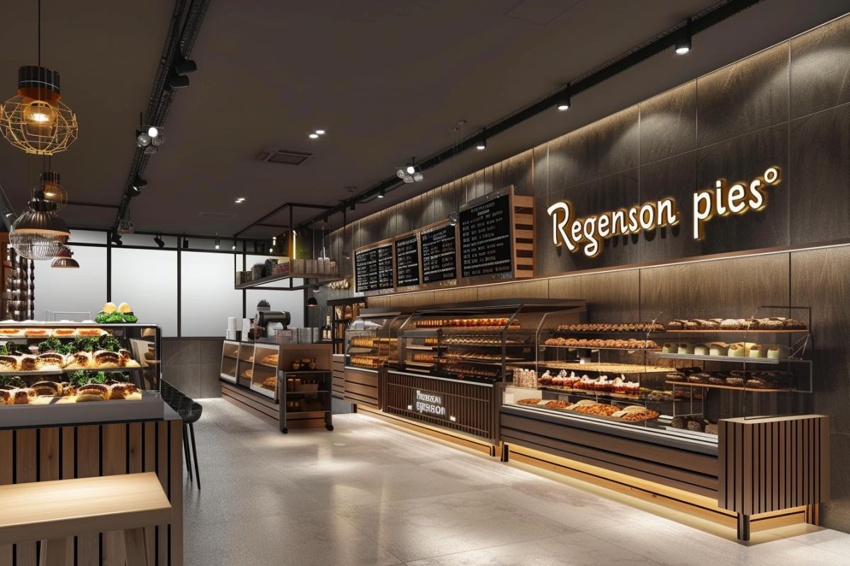 hd modern bakery with heart-shaped pasta instead of pastries, dark gray and light beige, post processing, photorealistic. the big inscription on wall \"Regenson pies\"