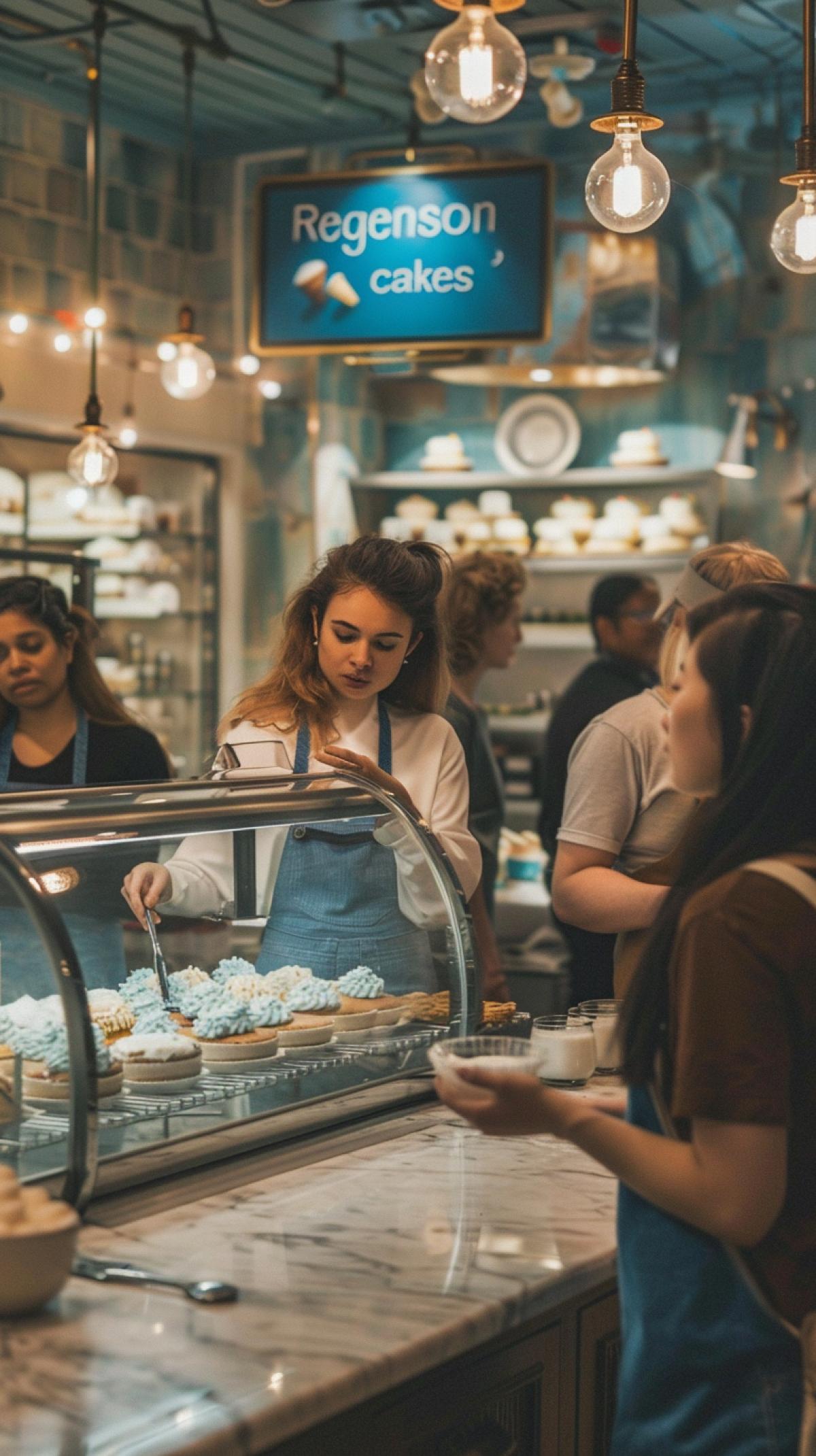 a bakery filled with people, focus on a person being served from a woman while explaining a cake topping, photography, blue accents, pretty bakery with marble. \"Regenson cakes\"