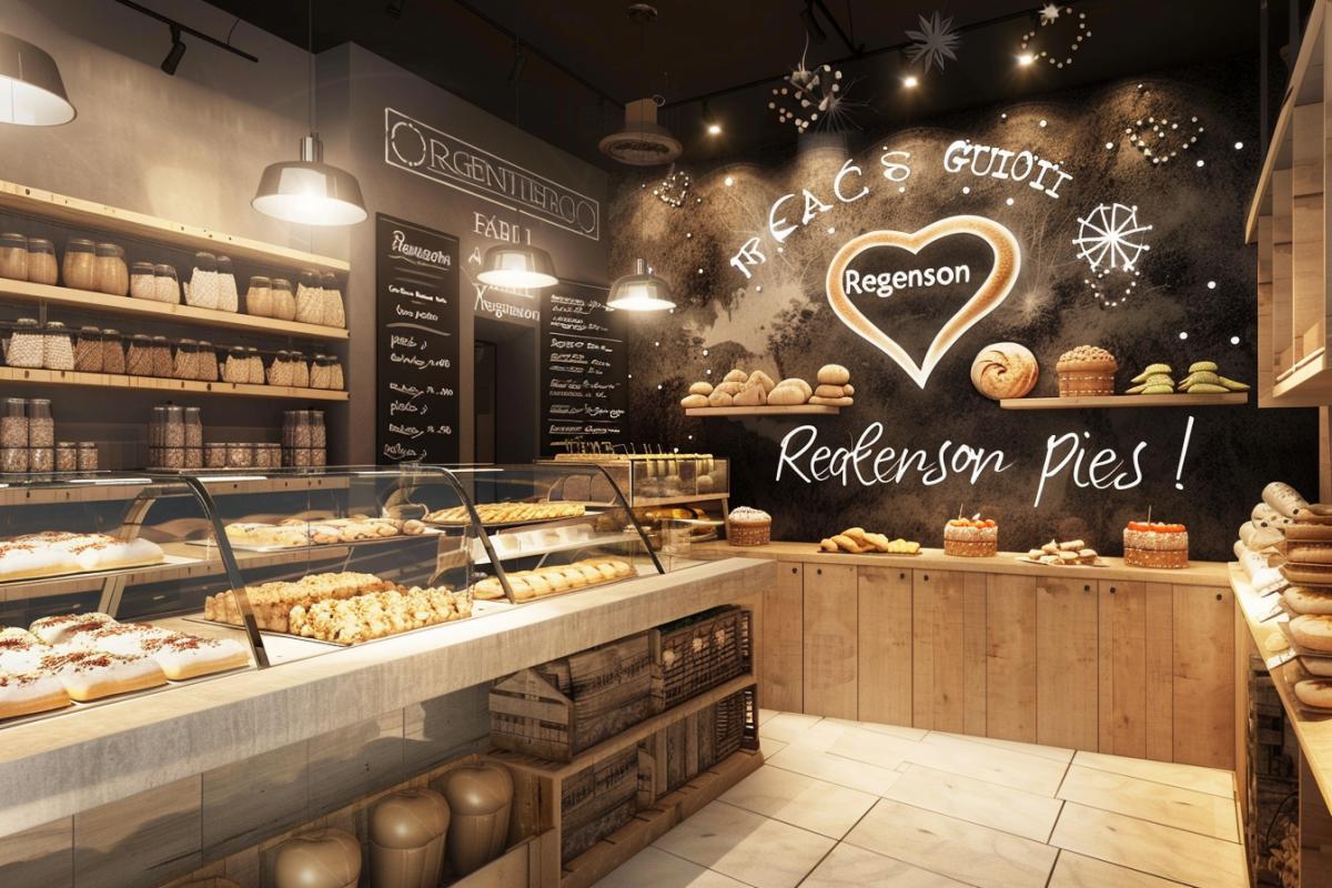 hd modern bakery with heart-shaped pasta instead of pastries, dark gray and light beige, post processing, photorealistic. the big inscription on wall \"Regenson pies\"