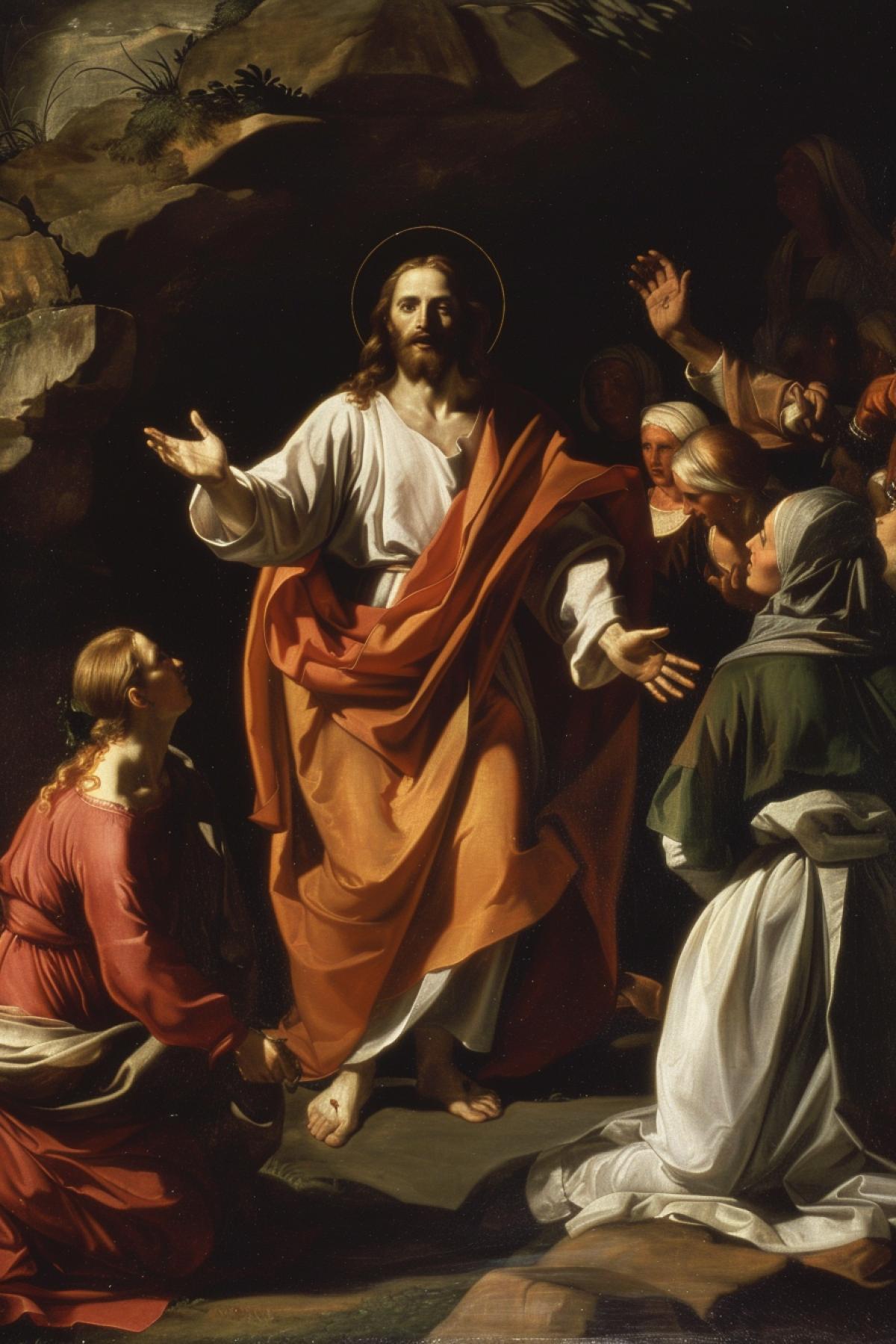 Resurrection of Jesus Christ kind shining handsome face appearance in front of Maria Magdalena kneeled dont touch me the art by Leonardo Caravaggio Gainsborough Michelangelo Rafael oil canvas