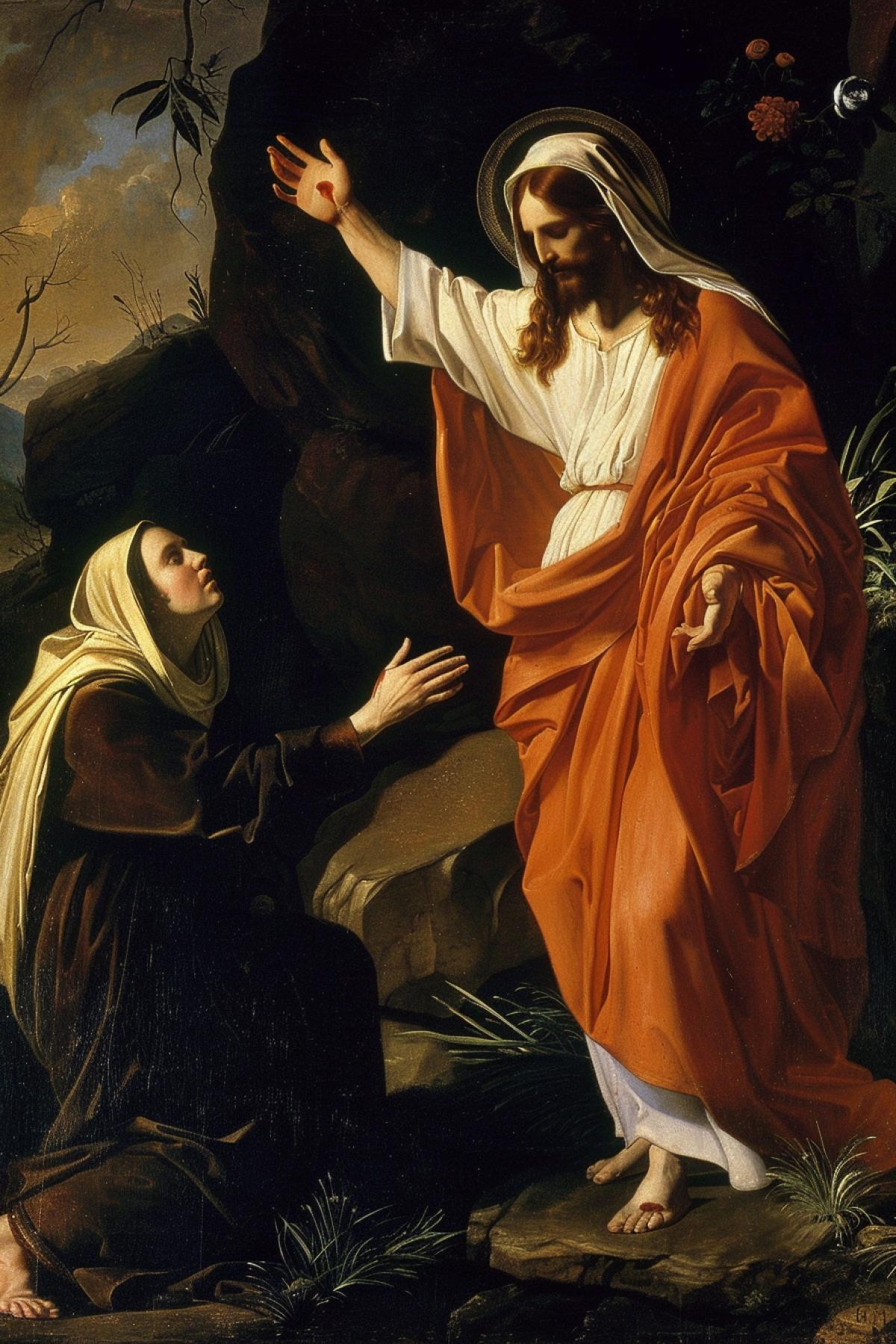 Resurrection of Jesus Christ kind shining face and His appearance in front of Maria Magdalena kneeled dont touch me the art by Leonardo Caravaggio Gainsborough Michelangelo Rafael oil canvas